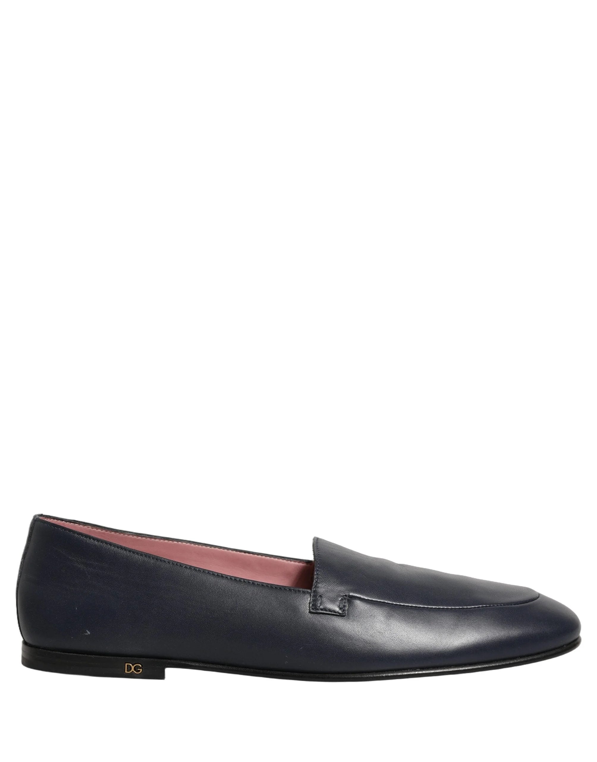Dolce & Gabbana Navy Blue Leather Logo Slip On Loafers Shoes - EU44/US11