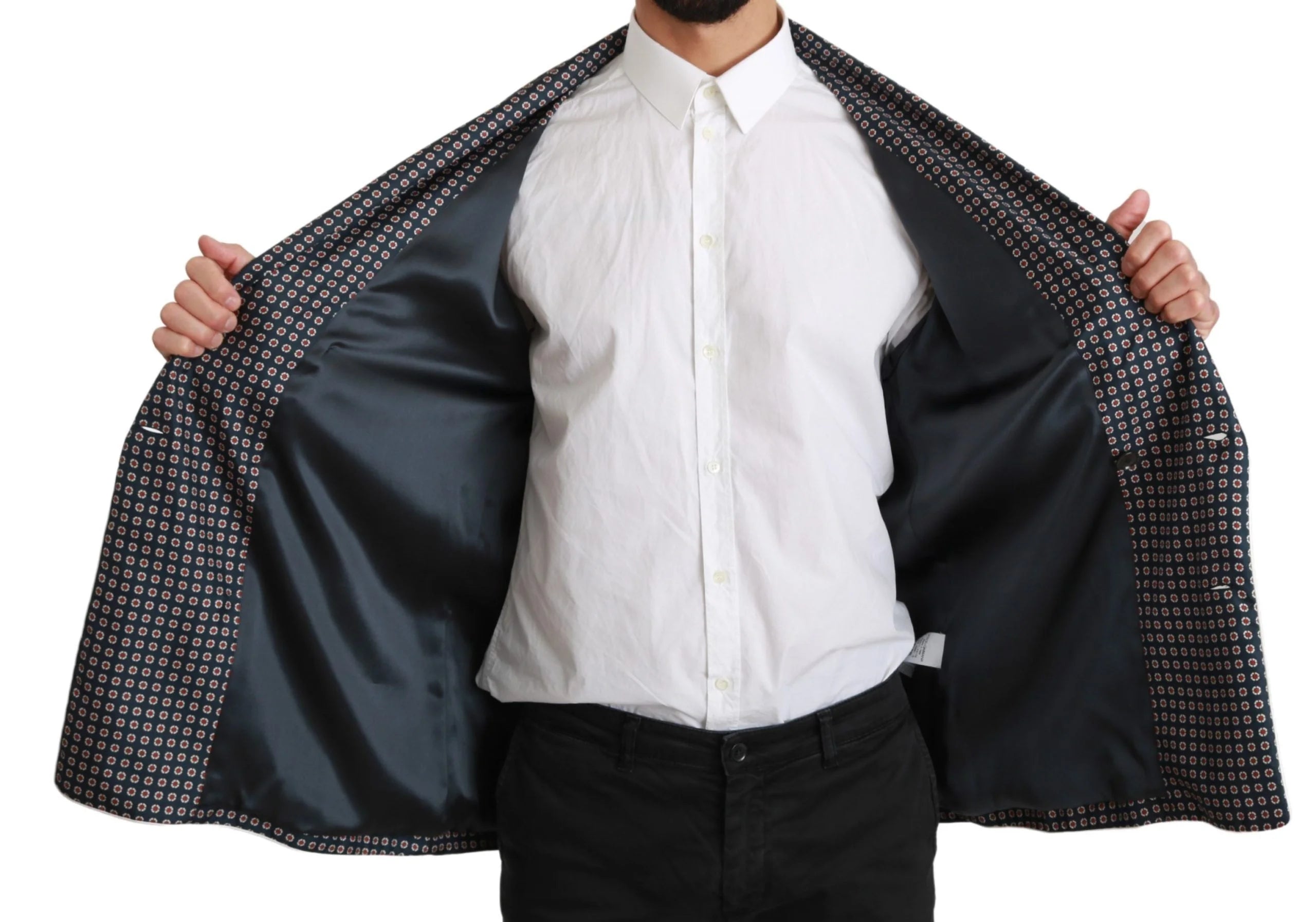 Dolce & Gabbana Navy Blue Patterned Double Breasted Coat Jacket - IT4 | L - Sport Jackets