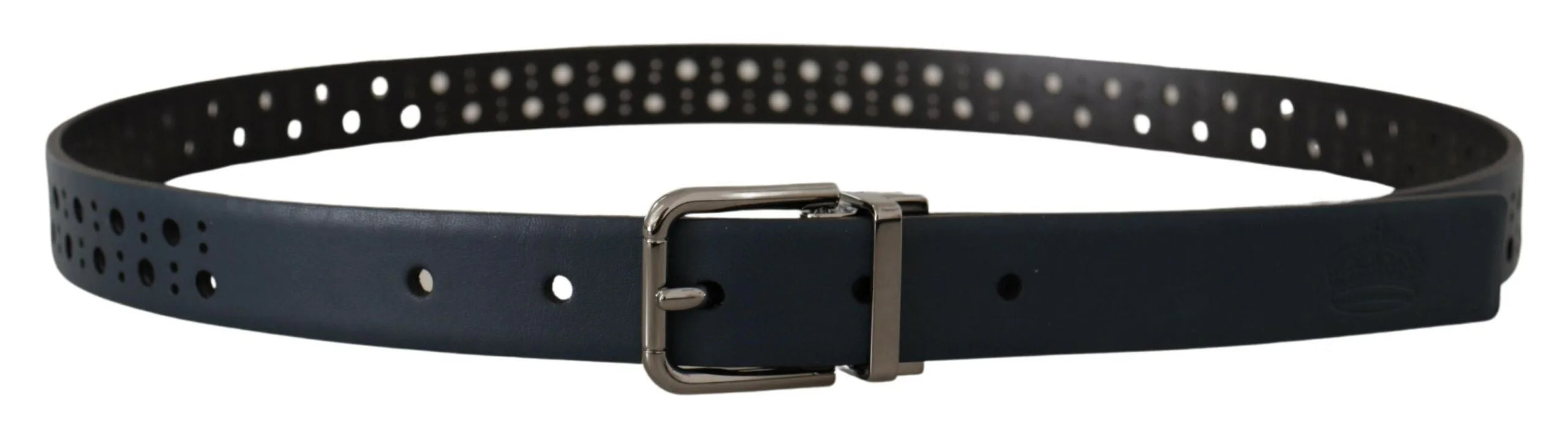 Dolce & Gabbana Navy Blue Perforated Leather Skinny Metal Buckle Belt - 90 cm / 36 Inches - Belts