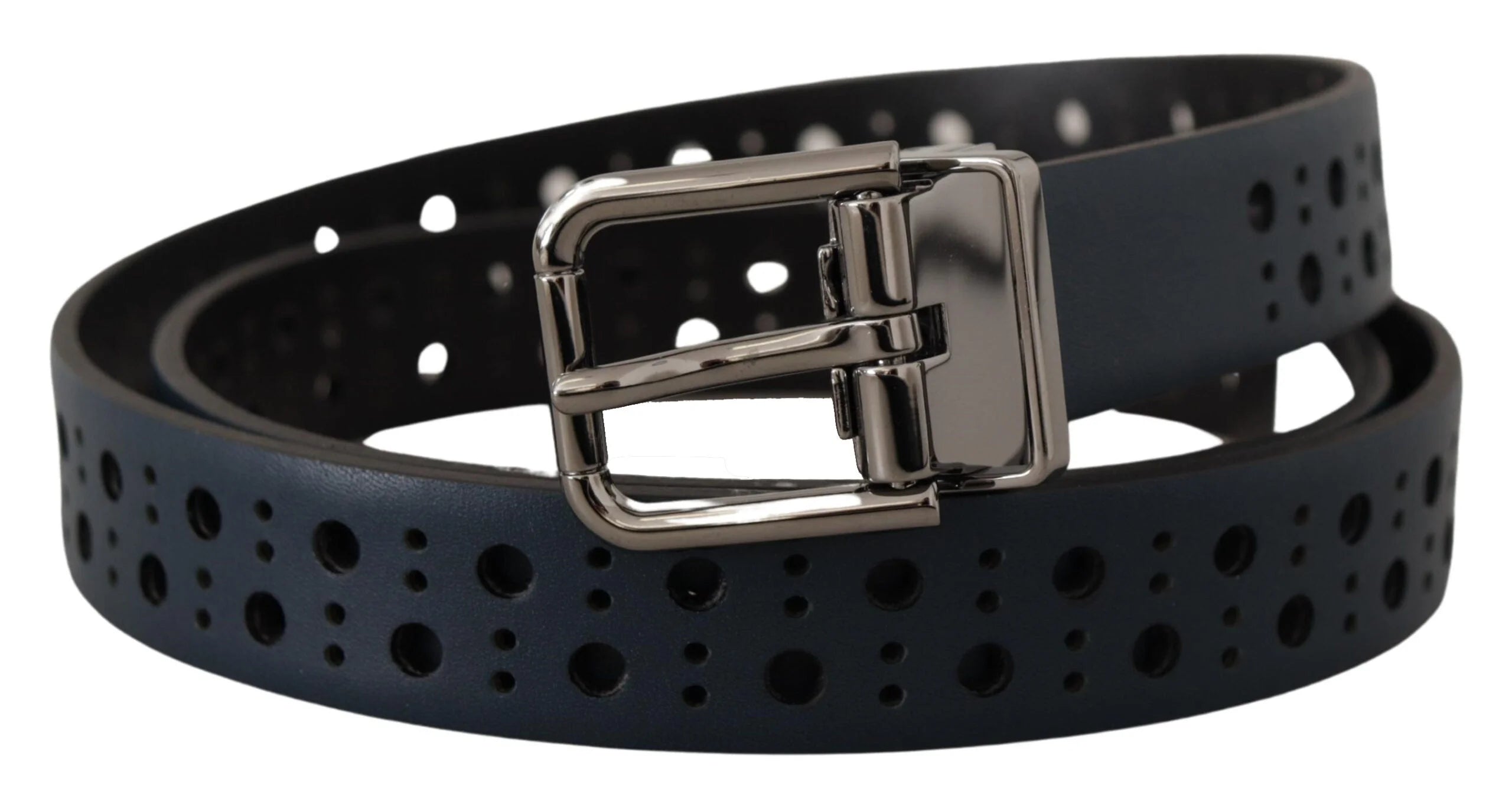 Dolce & Gabbana Navy Blue Perforated Leather Skinny Metal Buckle Belt - 90 cm / 36 Inches - Belts