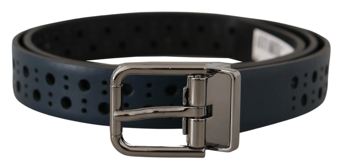 Dolce & Gabbana Navy Blue Perforated Leather Skinny Metal Buckle Belt - 90 cm / 36 Inches - Belts