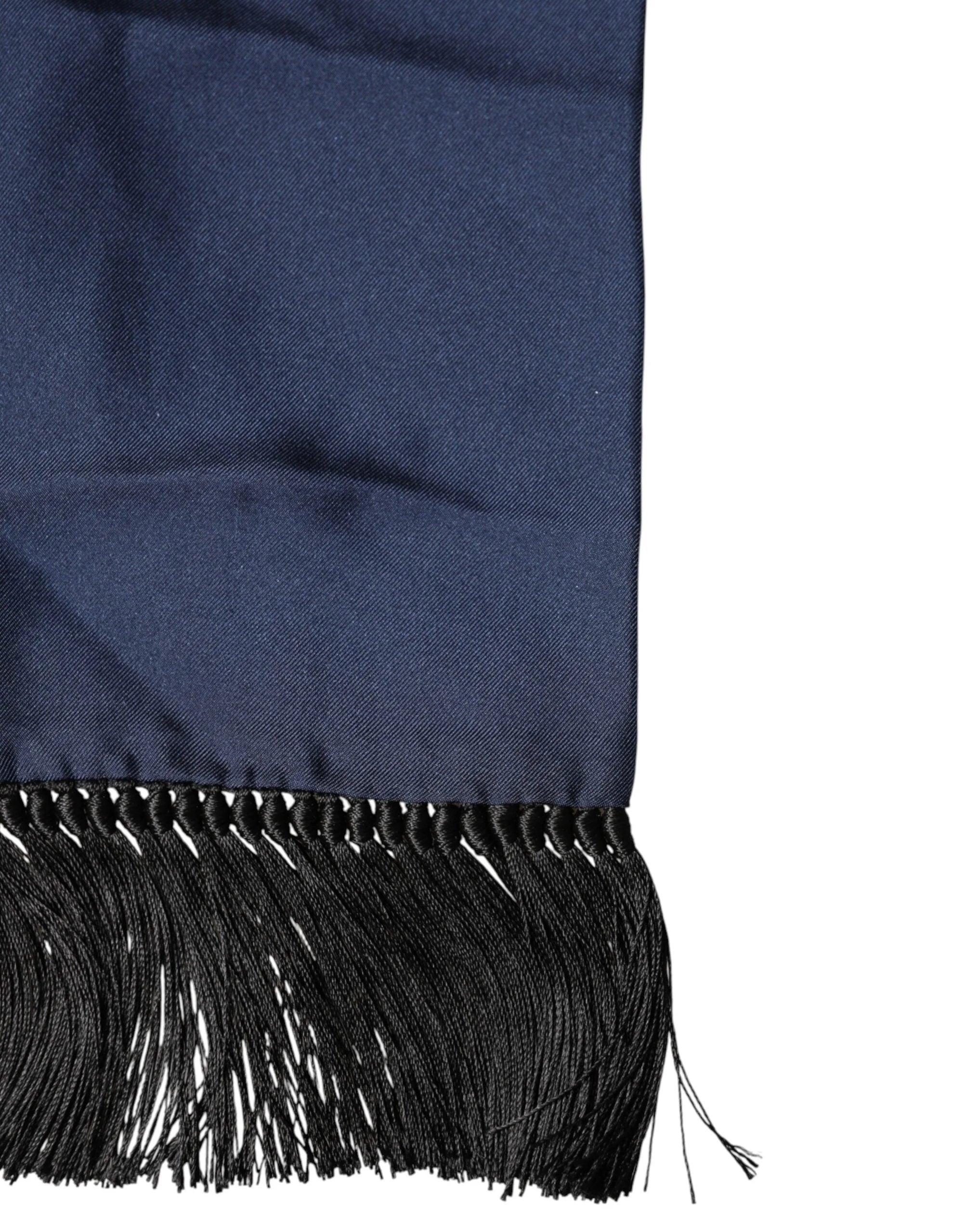 Dolce & Gabbana Navy Blue Silk Fringes Neck Foulard Scarf