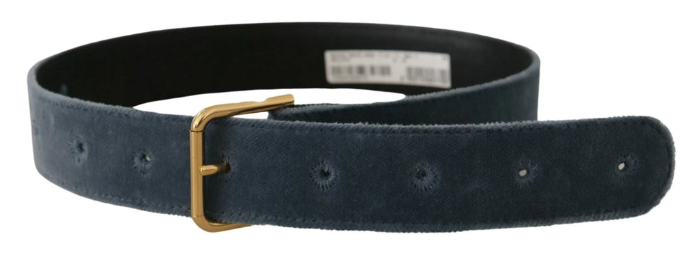 Dolce & Gabbana Navy Blue Velvet Gold Metal Logo Waist Buckle Belt - 60 cm / 24 Inches - Belts