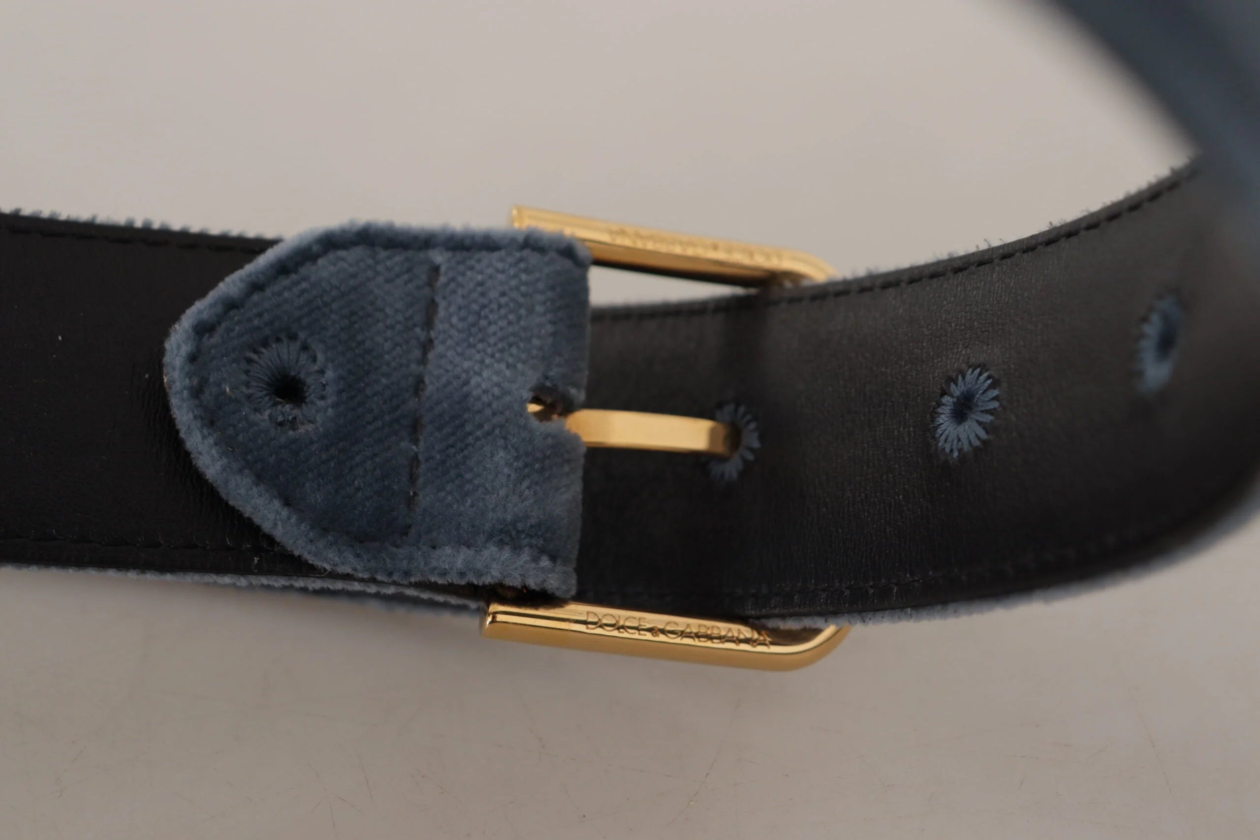 Dolce & Gabbana Navy Blue Velvet Gold Metal Logo Waist Buckle Belt - 60 cm / 24 Inches - Belts