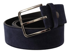 Dolce & Gabbana Navy Blue Velvet Leather Silver Logo Buckle Belt - 90 cm / 36 Inches - Belts