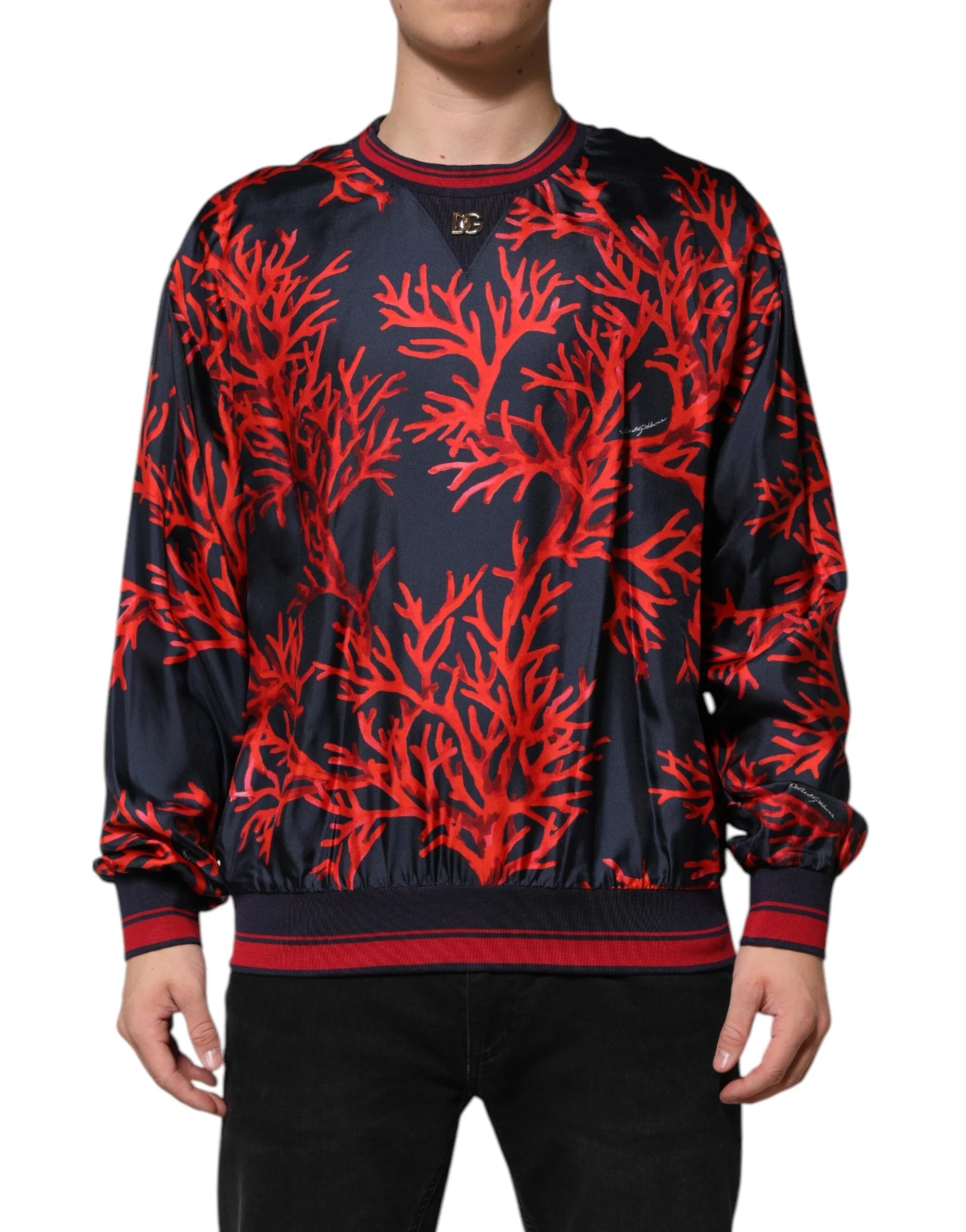 Dolce & Gabbana Navy Red Silk Coral Print Pullover Sweater - IT52 | XL - Sweaters