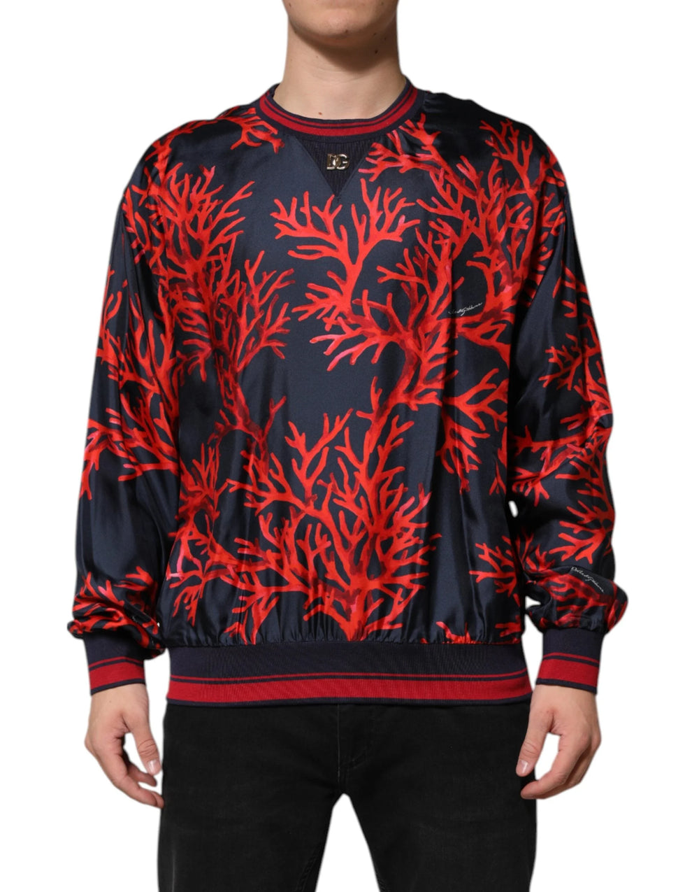 Dolce & Gabbana Navy Red Silk Coral Print Pullover Sweater - IT52 | XL - Sweaters