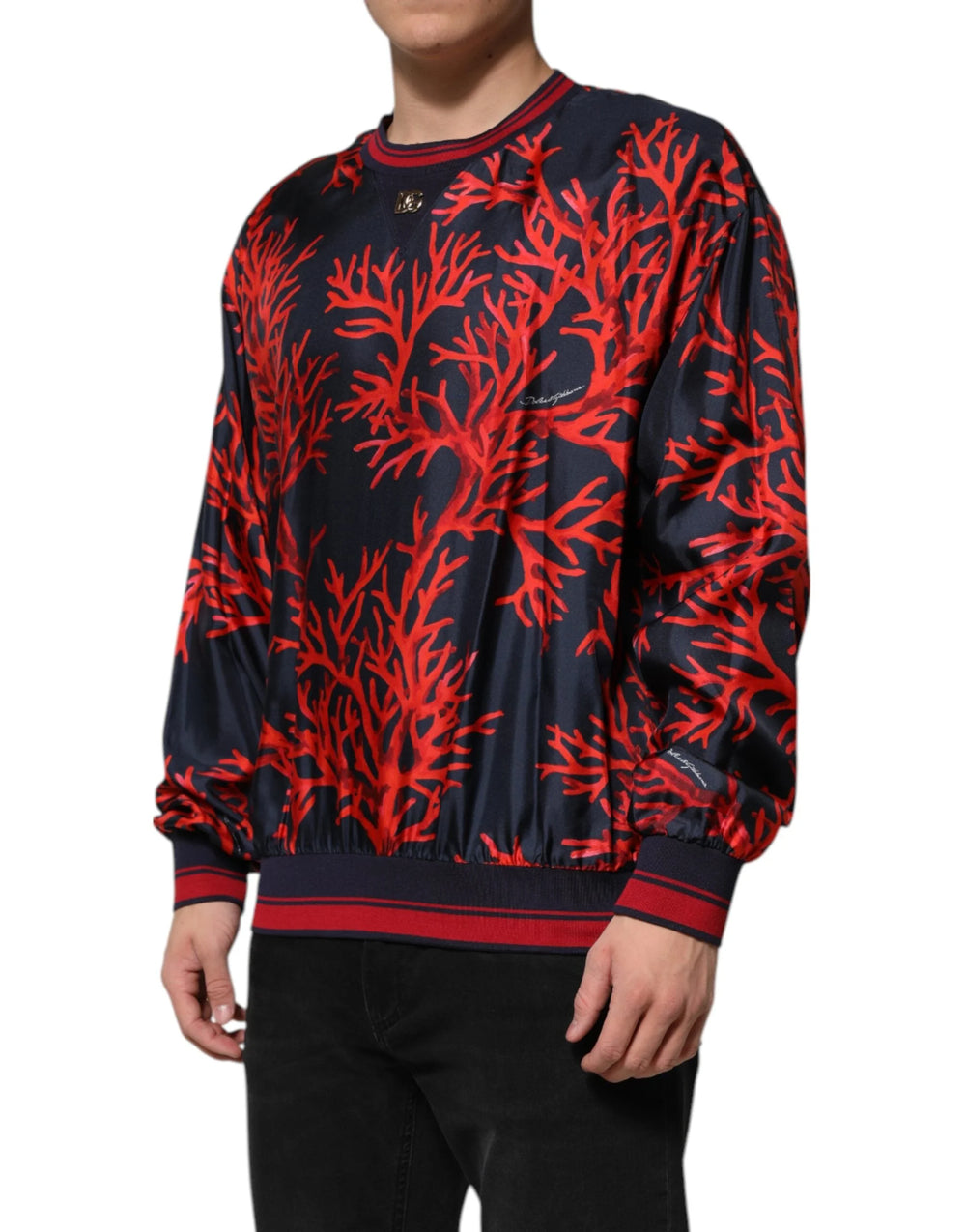 Dolce & Gabbana Navy Red Silk Coral Print Pullover Sweater - IT52 | XL - Sweaters