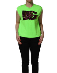 Dolce & Gabbana Neon Green DG Sequined Sleeveless Jersey Top - IT36|XXS