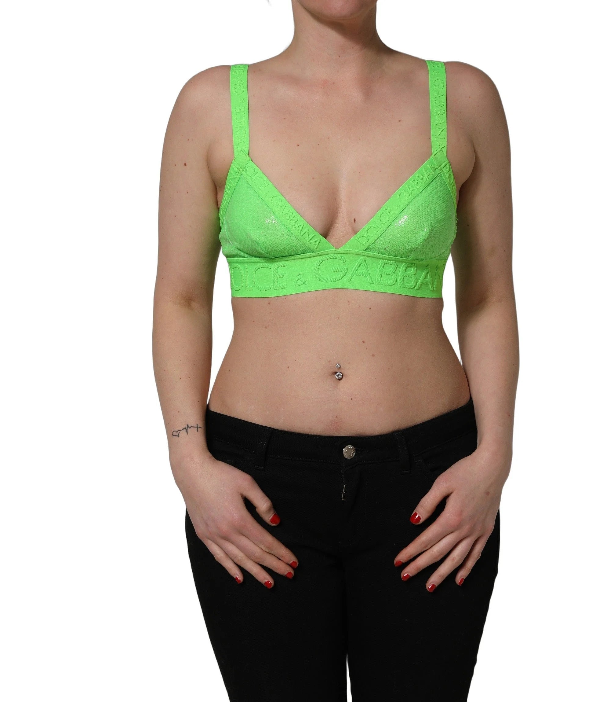 Dolce & Gabbana Neon Green Soft Cup Logo-Trim Bra Cropped Top - IT2 | S