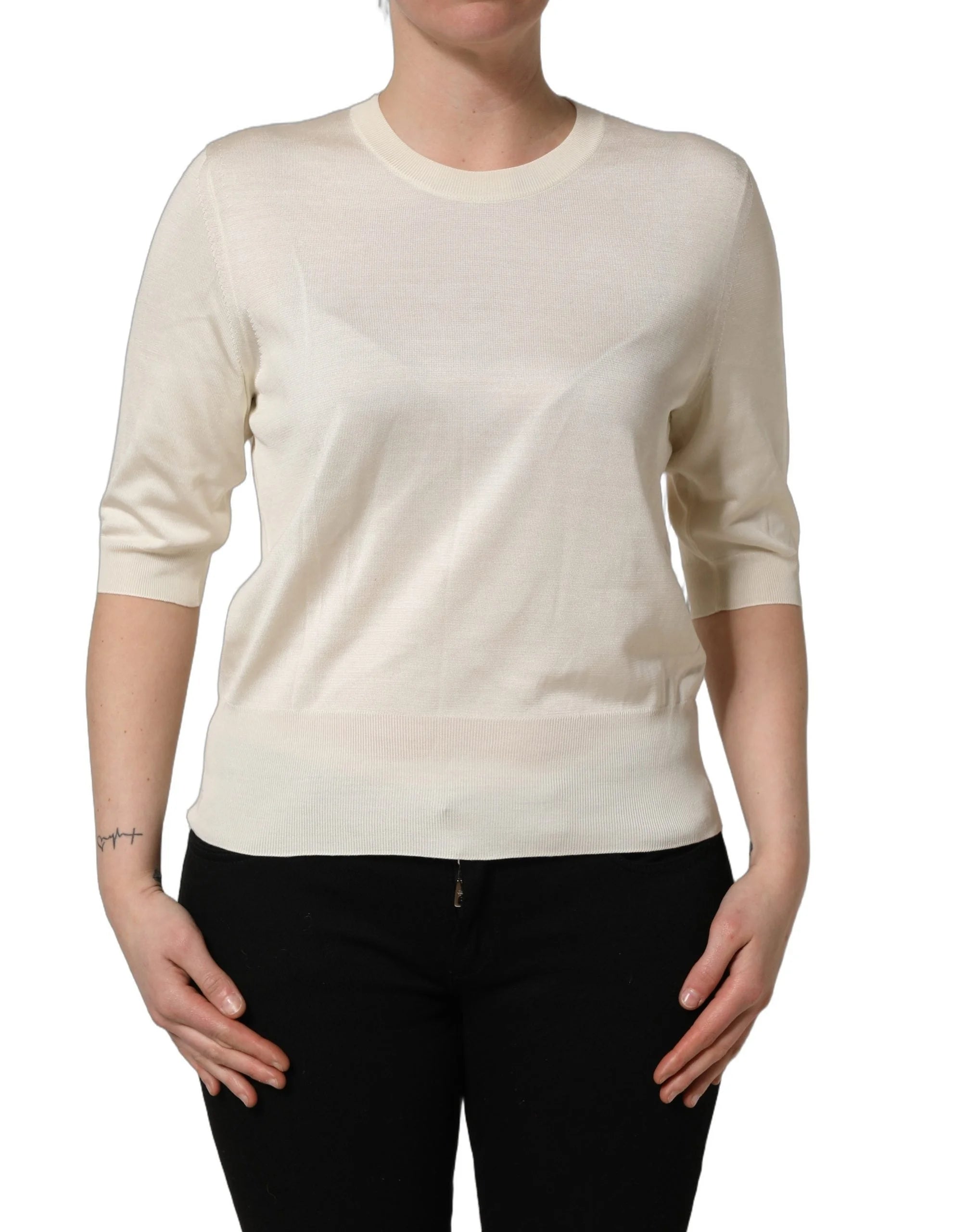 Dolce & Gabbana Off White 3/4 Sleeves Crewneck Pullover Sweater - IT50|3XL