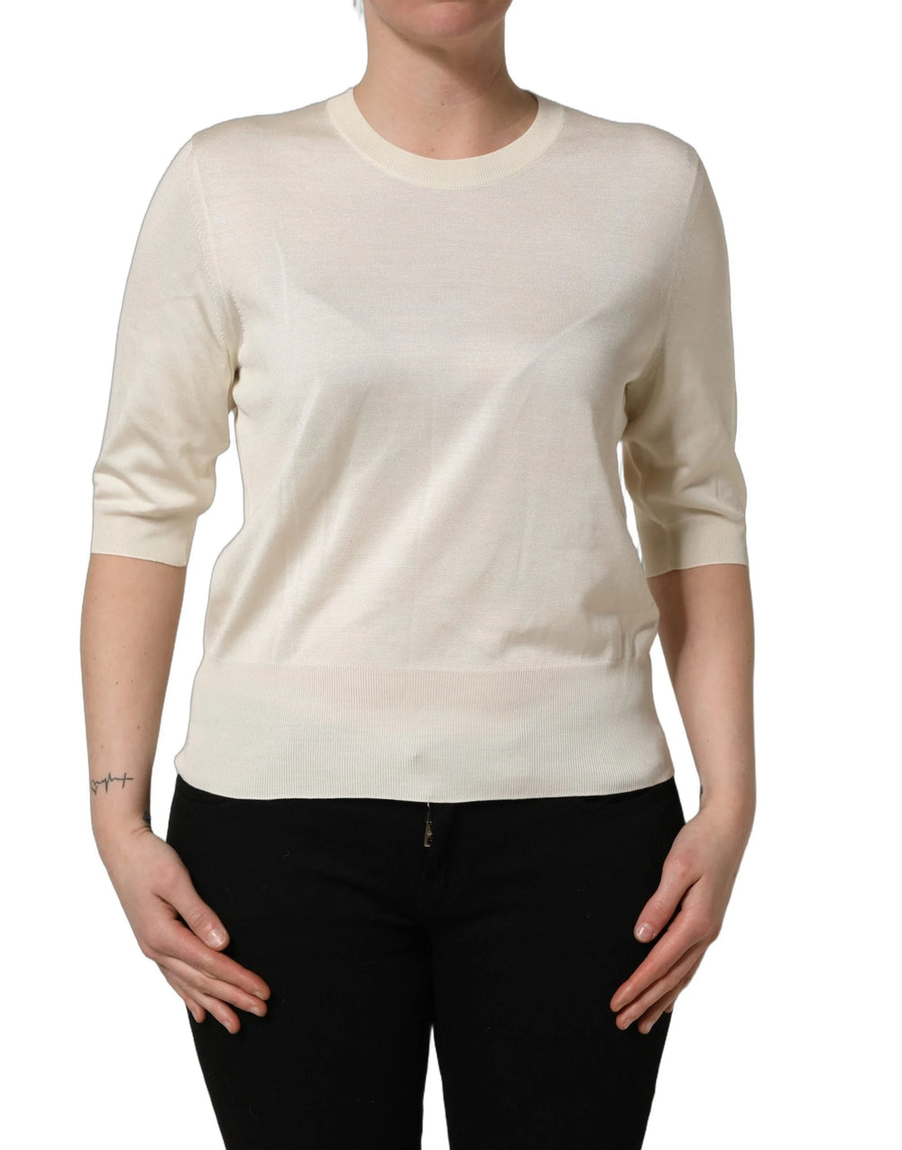 Dolce & Gabbana Off White 3/4 Sleeves Crewneck Pullover Sweater - IT50|3XL