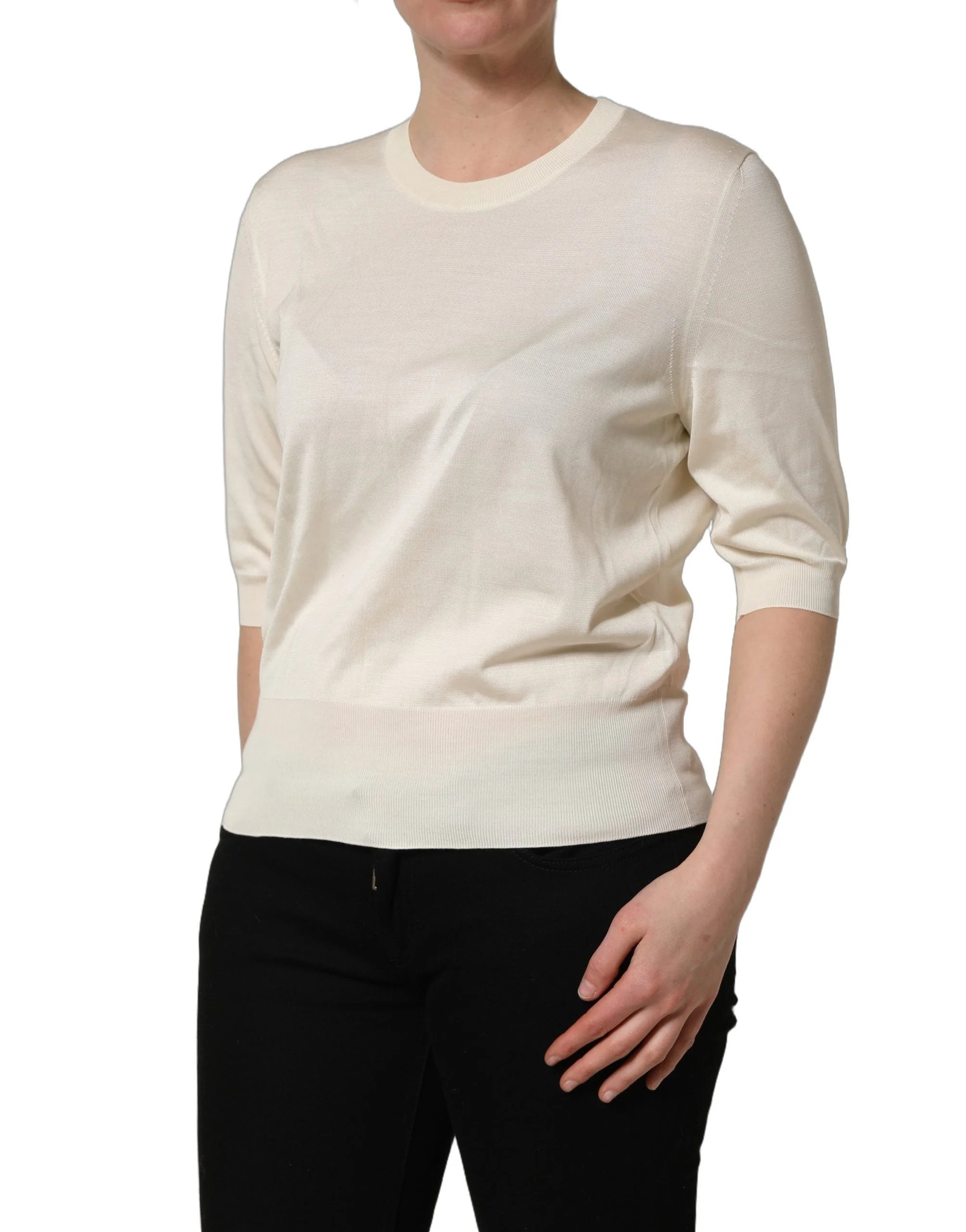 Dolce & Gabbana Off White 3/4 Sleeves Crewneck Pullover Sweater - IT50|3XL
