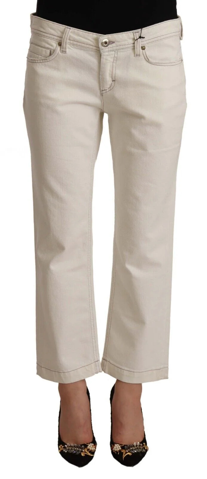Dolce & Gabbana Off White Cotton Flared Cropped Denim Jeans - W29