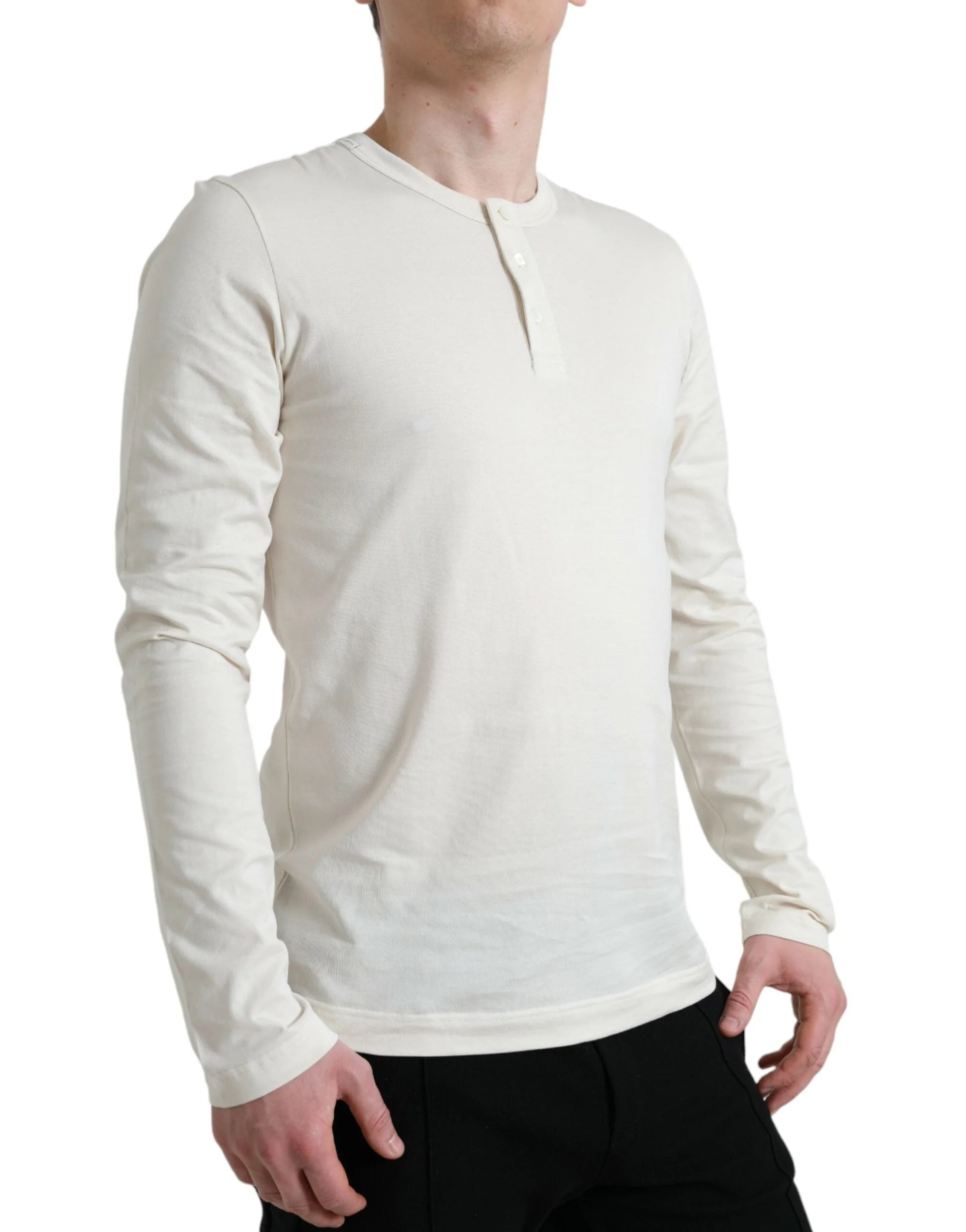 Dolce & Gabbana Off White Cotton Henley Pullover Sweater - IT52 | XL - Sweaters