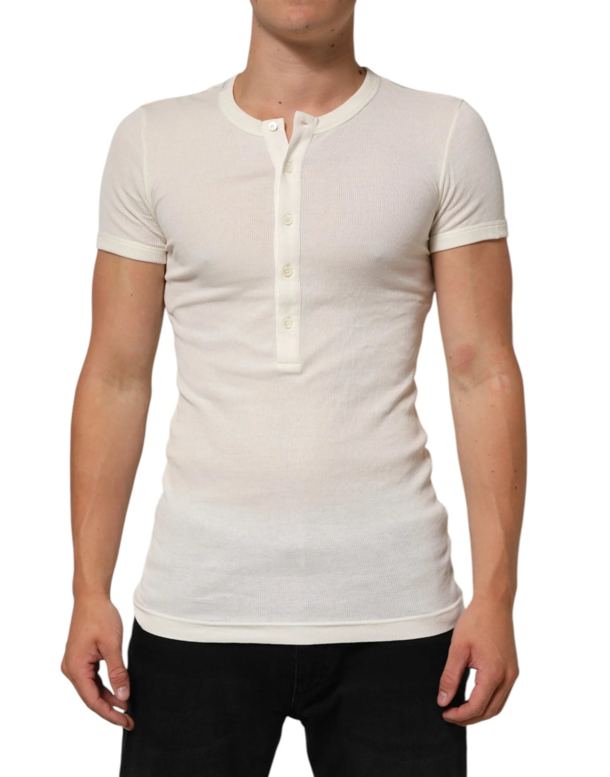 Dolce & Gabbana Off White Cotton Short Sleeve Henley T-shirt - IT44 | XS