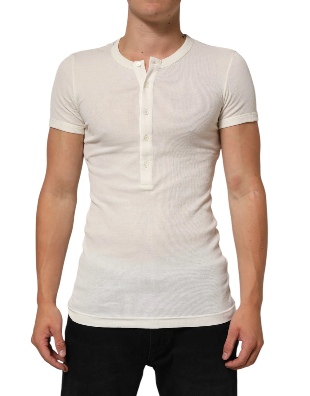 Dolce & Gabbana Off White Cotton Short Sleeve Henley T-shirt - IT44 | XS
