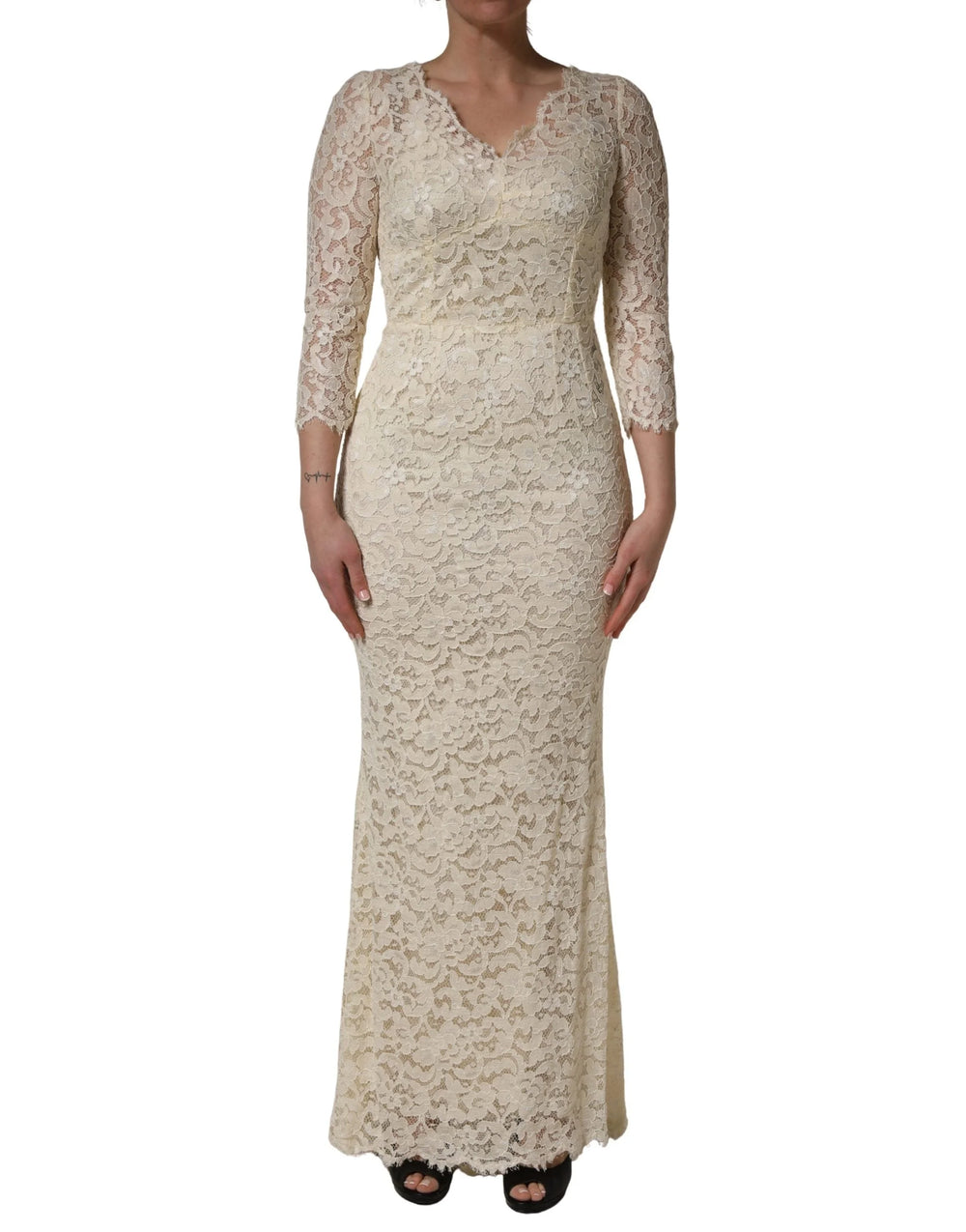Dolce & Gabbana Off White Floral Lace Sheath Maxi Dress