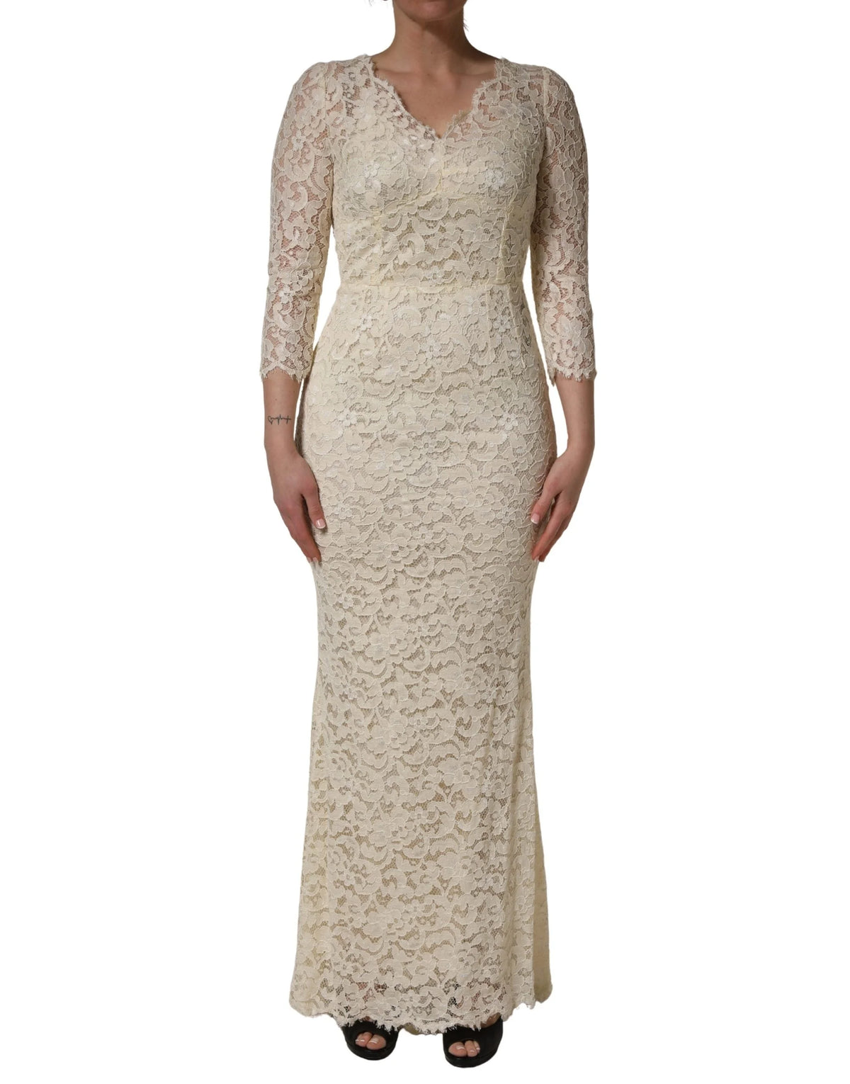 Dolce & Gabbana Off White Floral Lace Sheath Maxi Dress