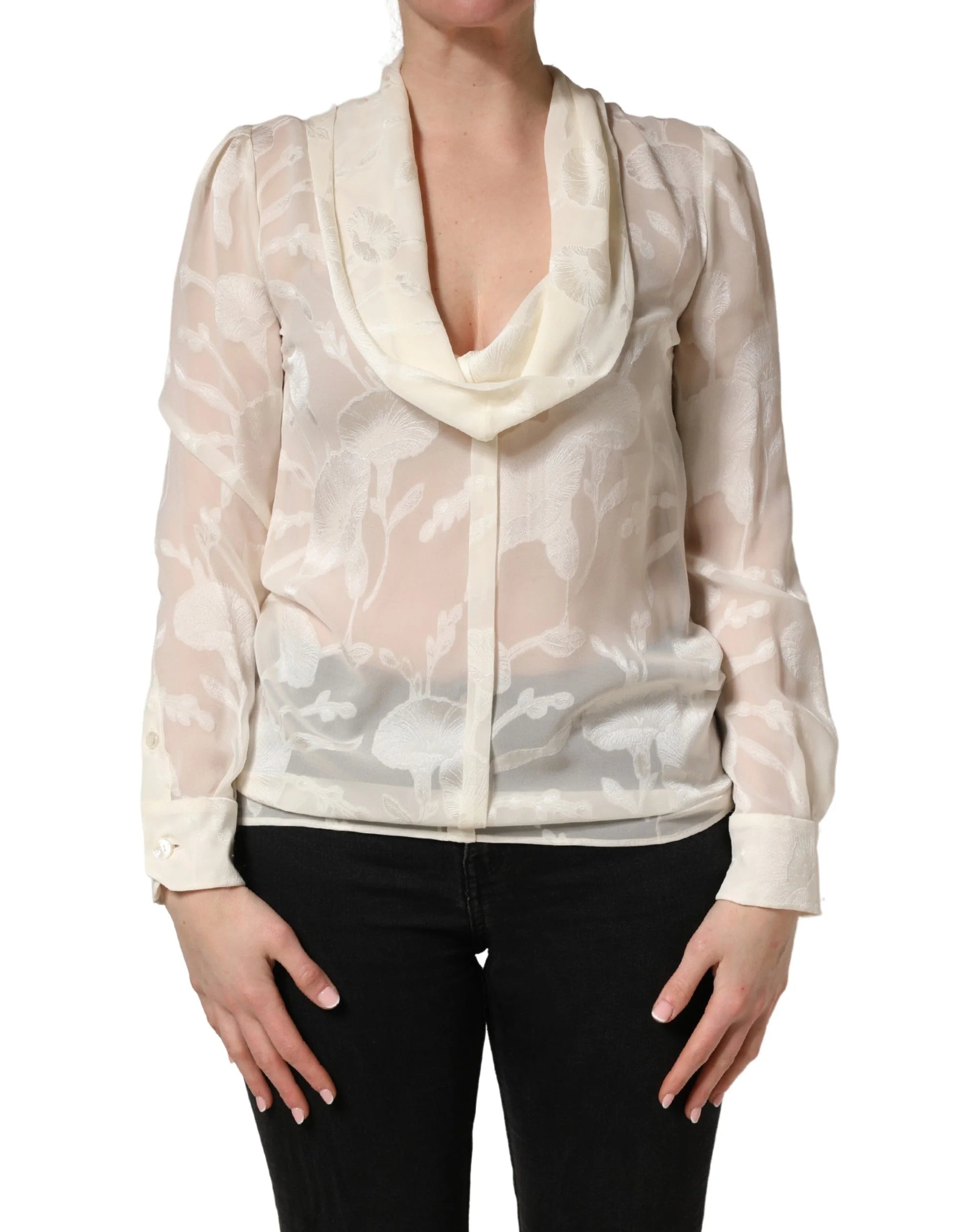 Blouse Dolce & Gabbana Blanc Crème Floral Transparente en Soie - IT40|S