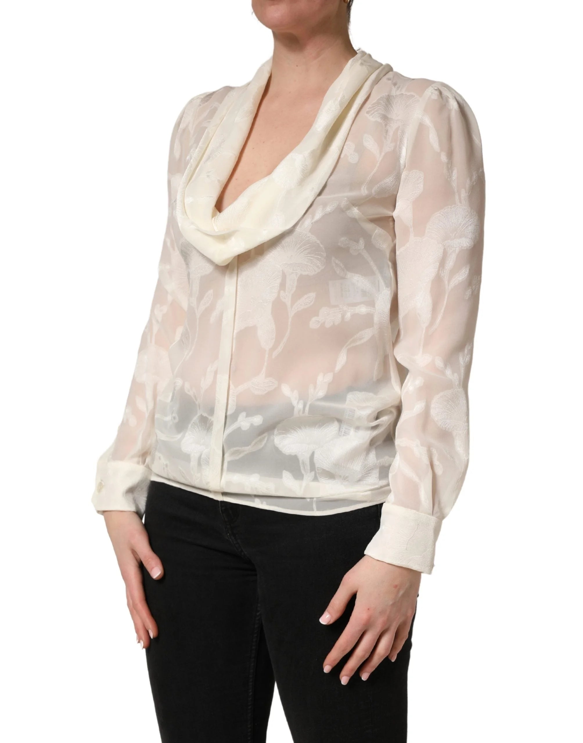 Blouse Dolce & Gabbana Blanc Crème Floral Transparente en Soie - IT40|S