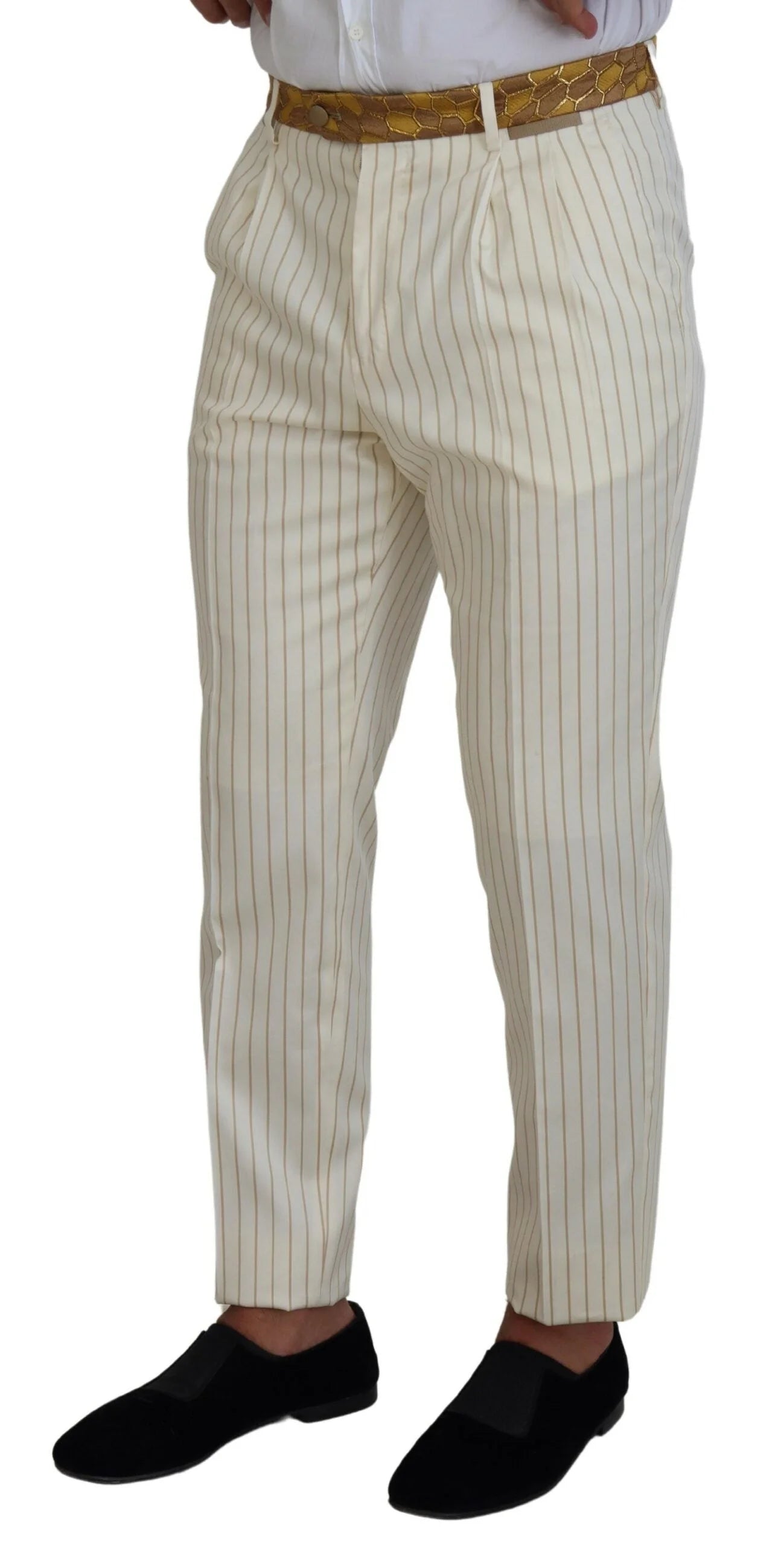 Dolce & Gabbana Off White Gold Striped Tuxedo Slim Fit Suit - Tuxedos
