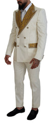 Dolce & Gabbana Off White Gold Striped Tuxedo Slim Fit Suit - Tuxedos