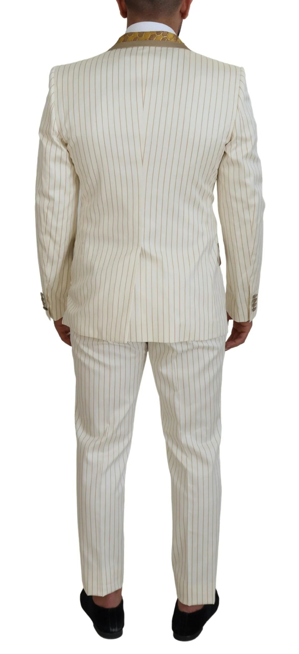 Dolce & Gabbana Off White Gold Striped Tuxedo Slim Fit Suit - Tuxedos
