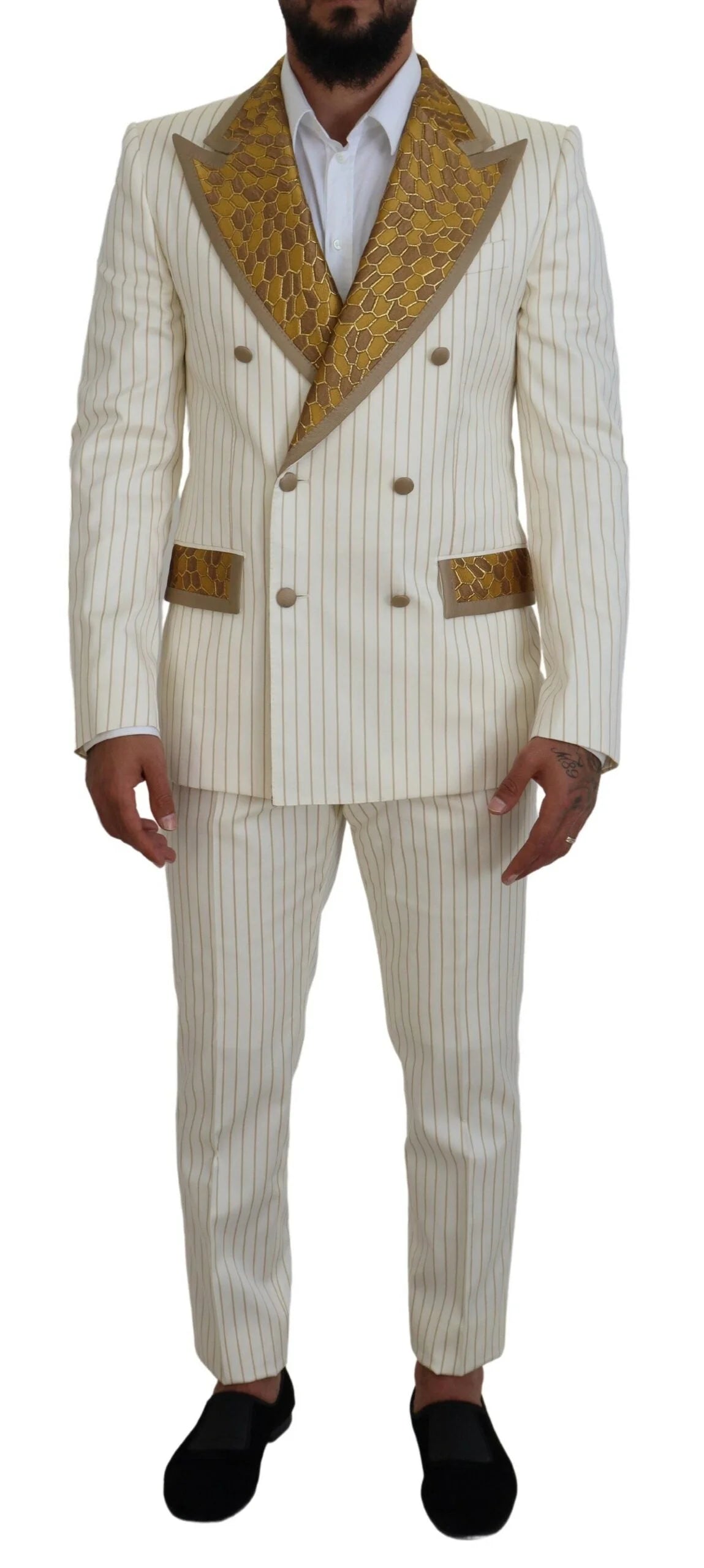 Dolce & Gabbana Off White Gold Striped Tuxedo Slim Fit Suit - Tuxedos