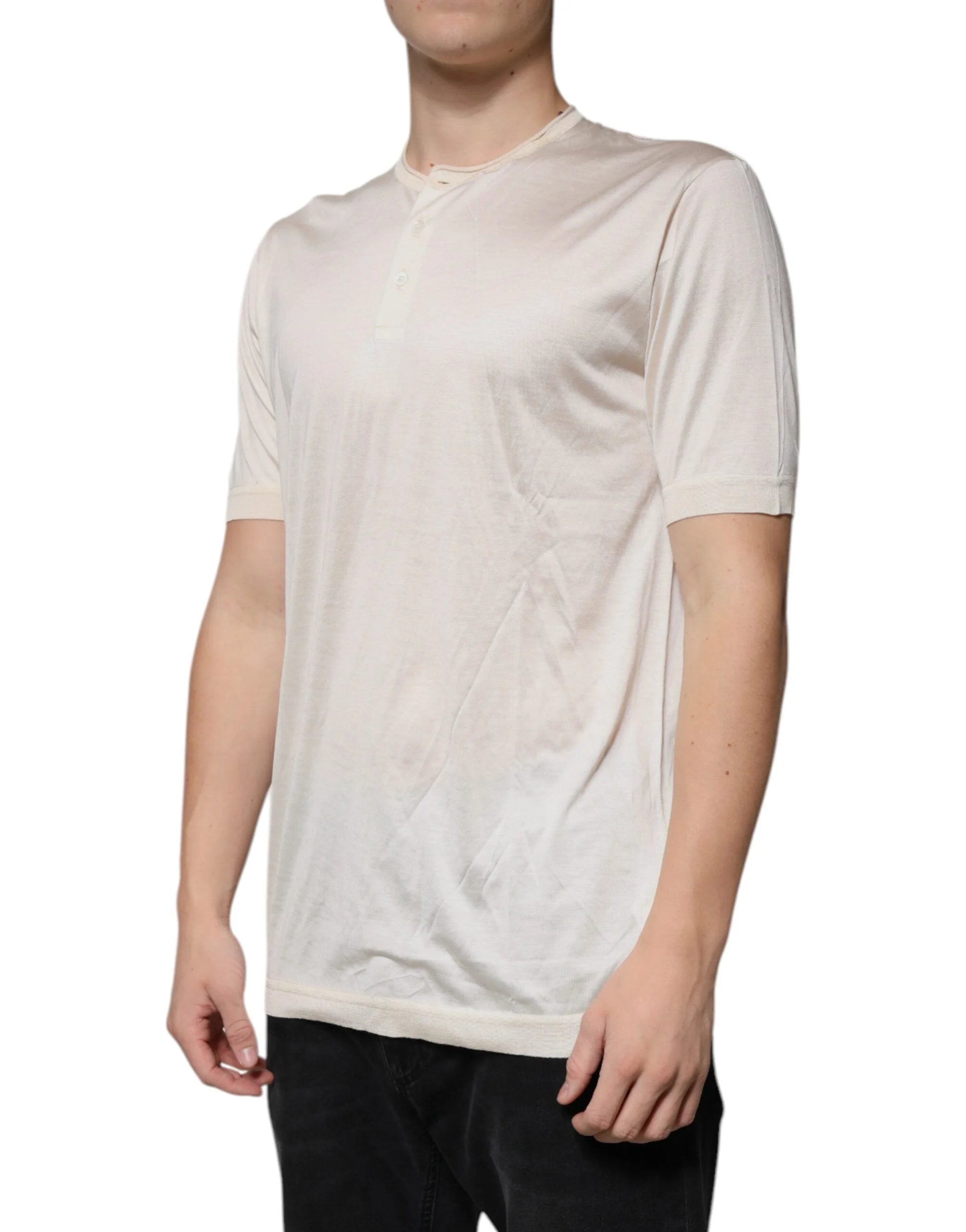 Dolce & Gabbana Off White Silk Henley Short Sleeves T-Shirt - IT56 | XXL - T-Shirts