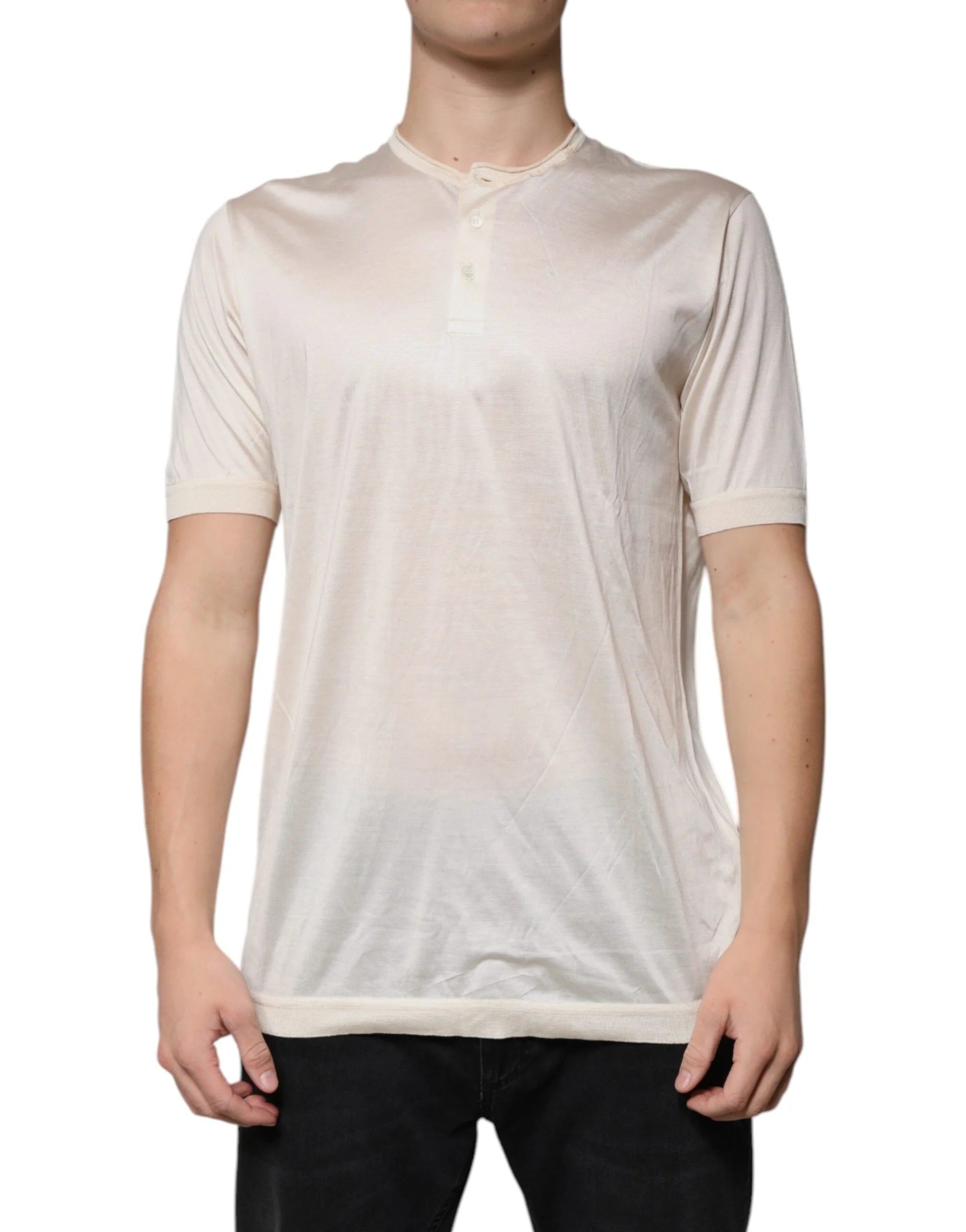 Dolce & Gabbana Off White Silk Henley Short Sleeves T-Shirt - IT56 | XXL - T-Shirts