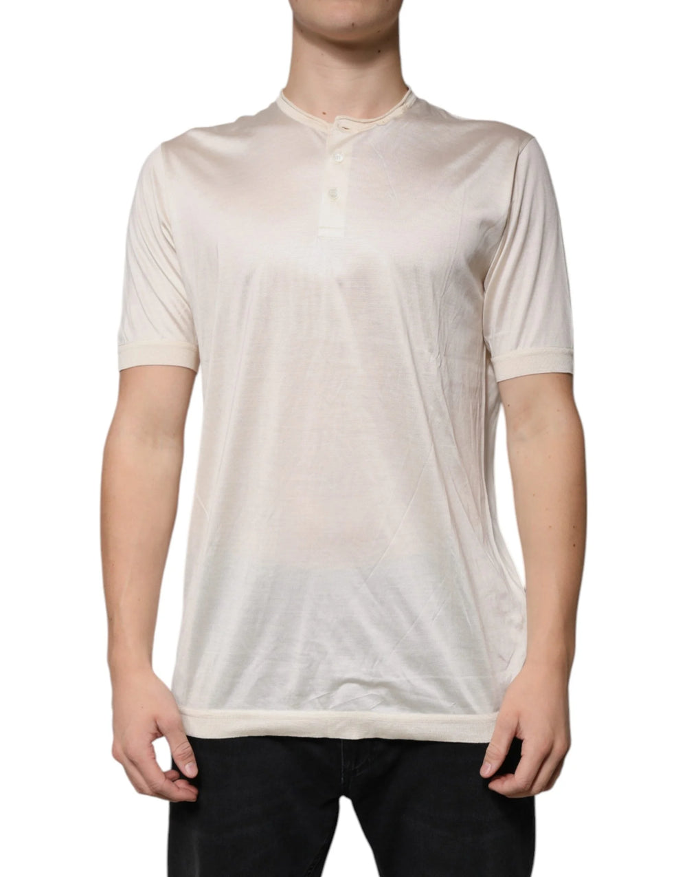 Dolce & Gabbana Off White Silk Henley Short Sleeves T-Shirt - IT56 | XXL - T-Shirts