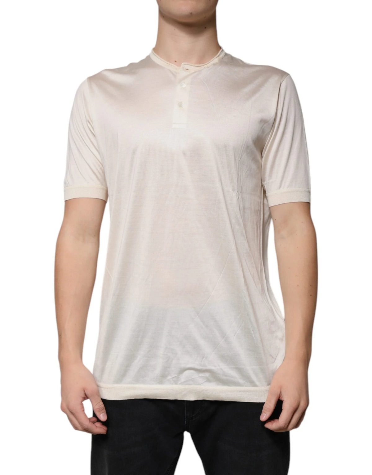 Dolce & Gabbana Off White Silk Henley Short Sleeves T-Shirt - IT56 | XXL - T-Shirts