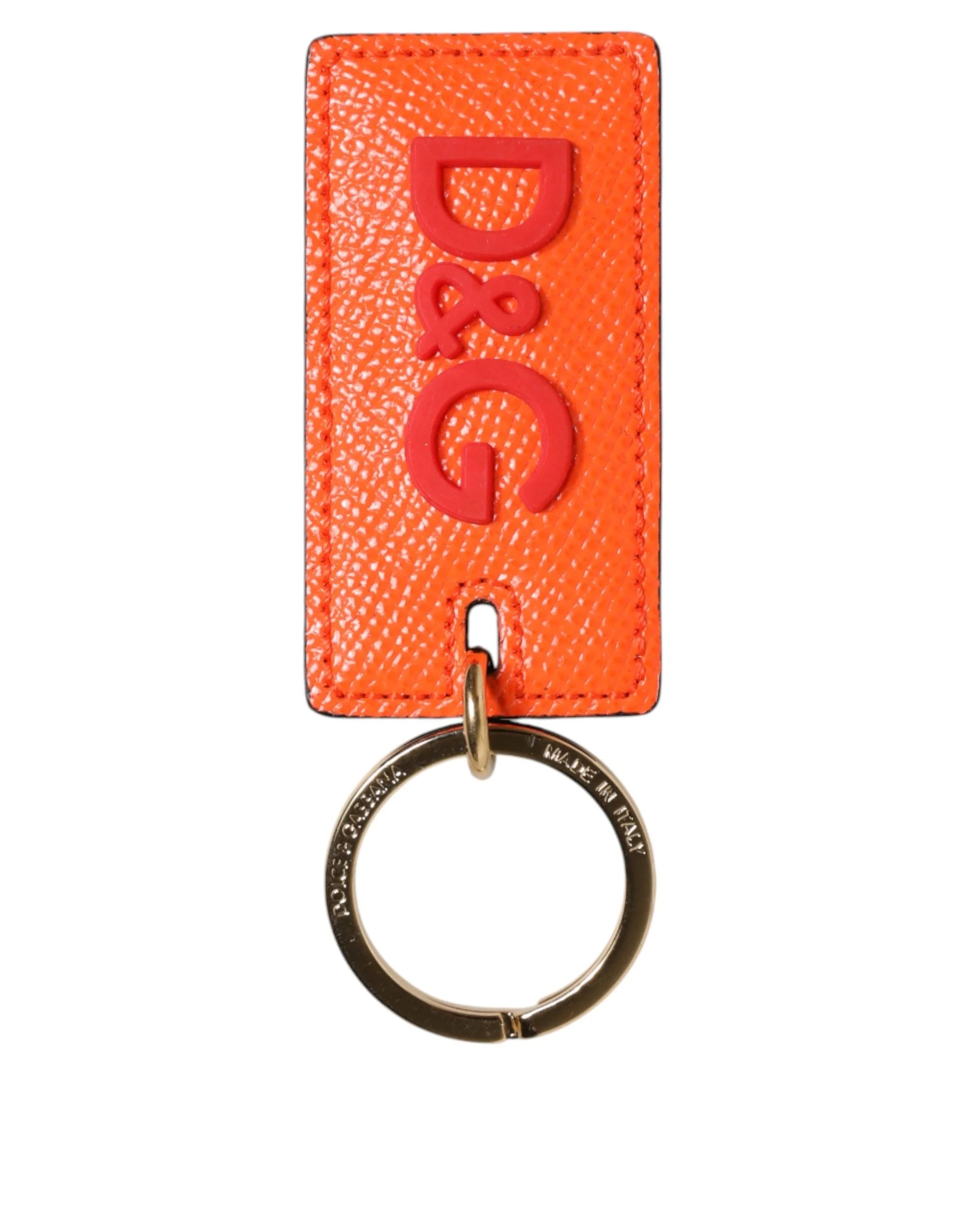 Dolce & Gabbana Orange Calf Leather Logo Metal Ring Keychain Keyring