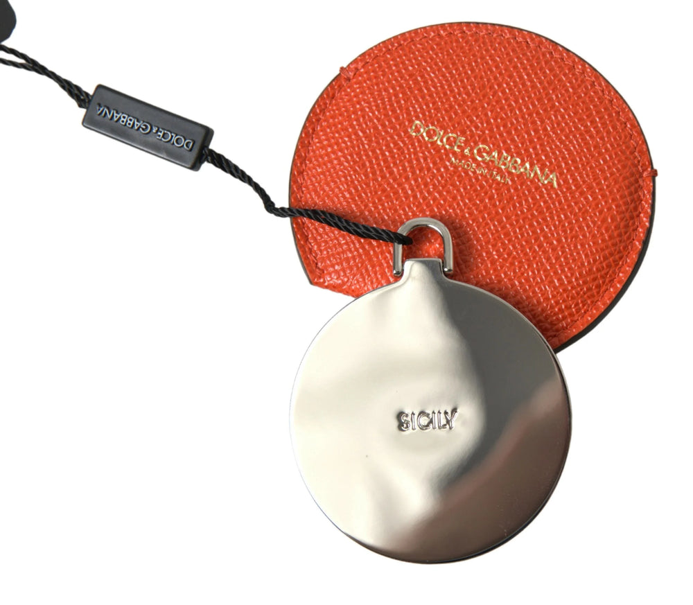 Dolce & Gabbana Orange Calfskin Leather Round Logo Hand Mirror Holder - Face Mirrors