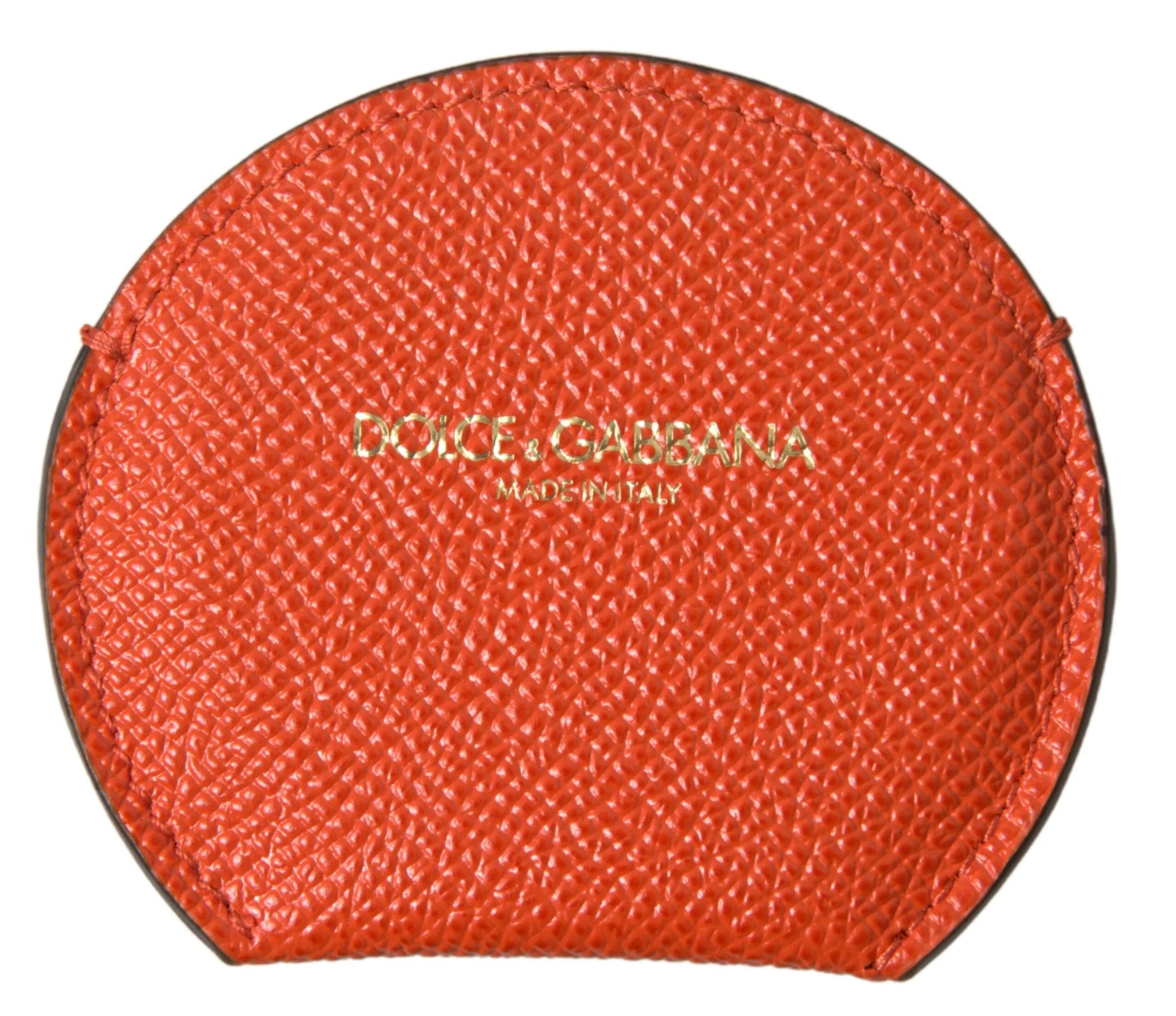 Dolce & Gabbana Orange Calfskin Leather Round Logo Hand Mirror Holder - Face Mirrors