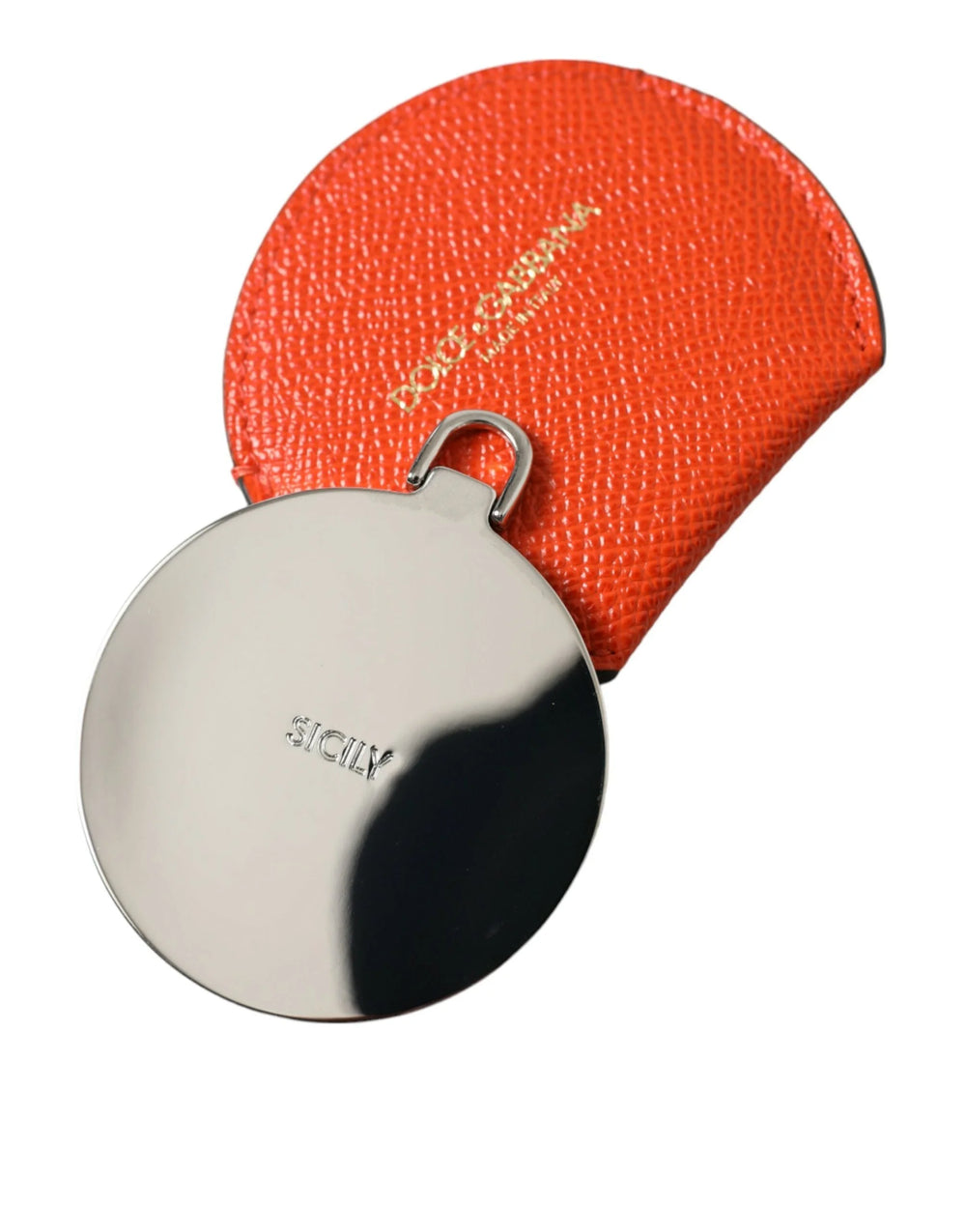 Dolce & Gabbana Orange Calfskin Leather Round Logo Hand Mirror Holder - Face Mirrors