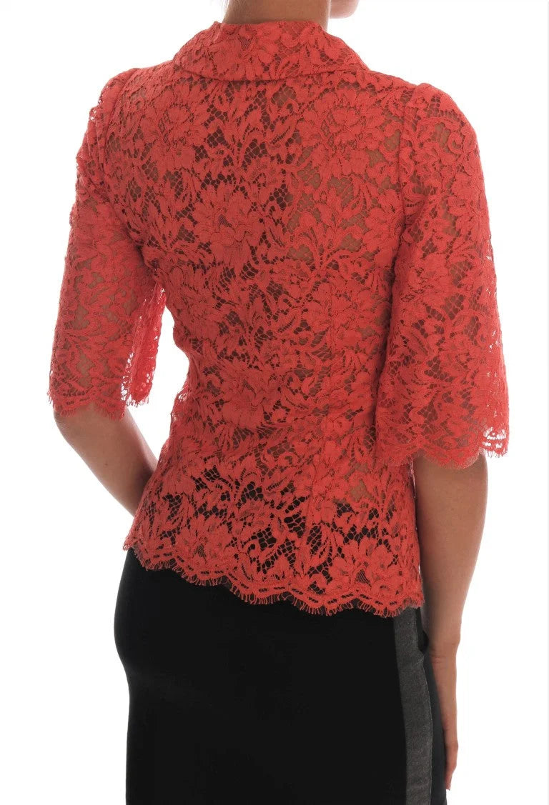 Dolce & Gabbana Orange Crystal Buttons Floral Lace Blouse - IT36|XXS - Blouses