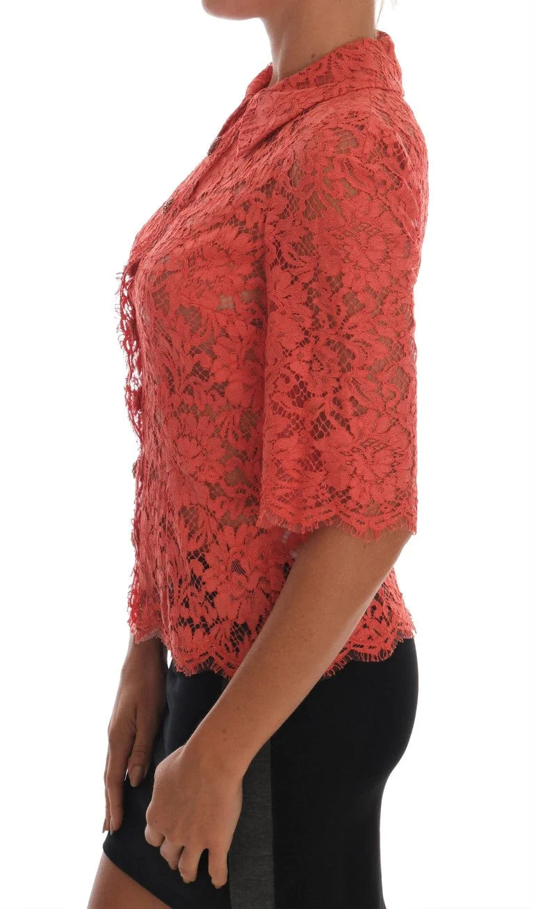 Dolce & Gabbana Orange Crystal Buttons Floral Lace Blouse - IT36|XXS - Blouses