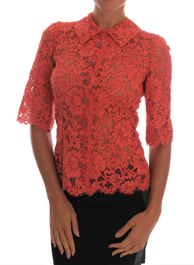Dolce & Gabbana Orange Crystal Buttons Floral Lace Blouse - IT36|XXS - Blouses
