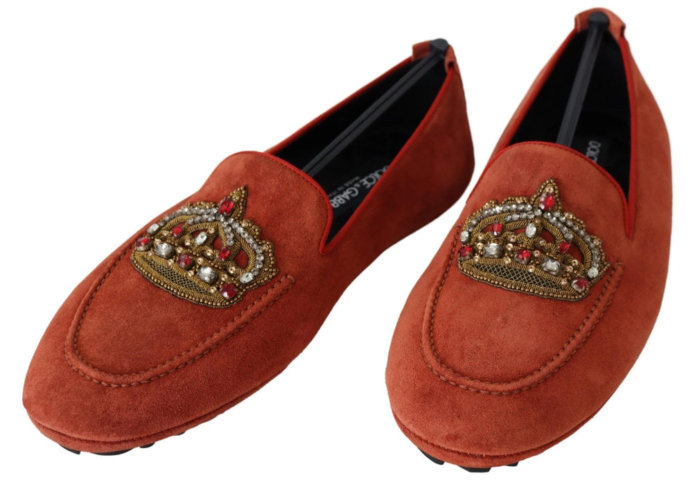 Dolce & Gabbana Orange Leather Crystal Crown Loafers Shoes - EU40/US7 - Flats