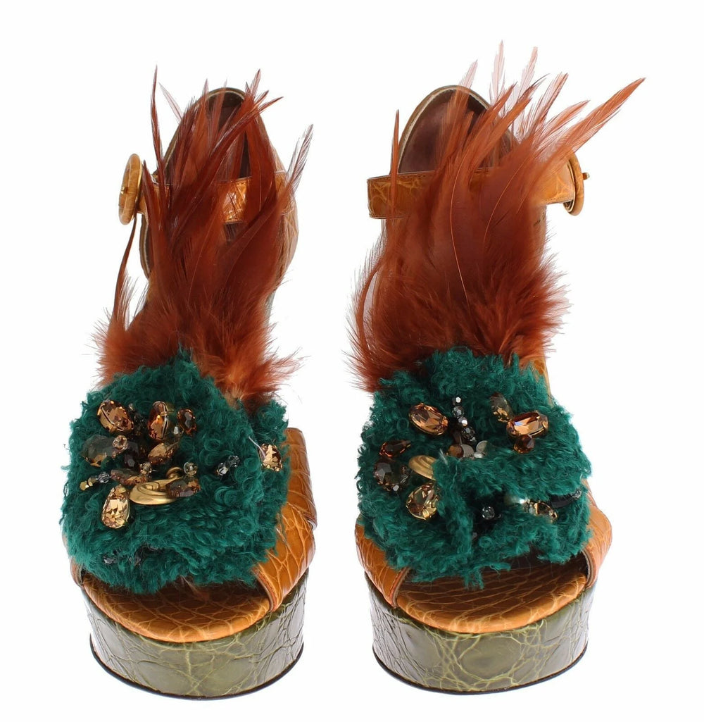 Dolce & Gabbana Orange Leather Crystal Platform Sandal Shoes - Sandals