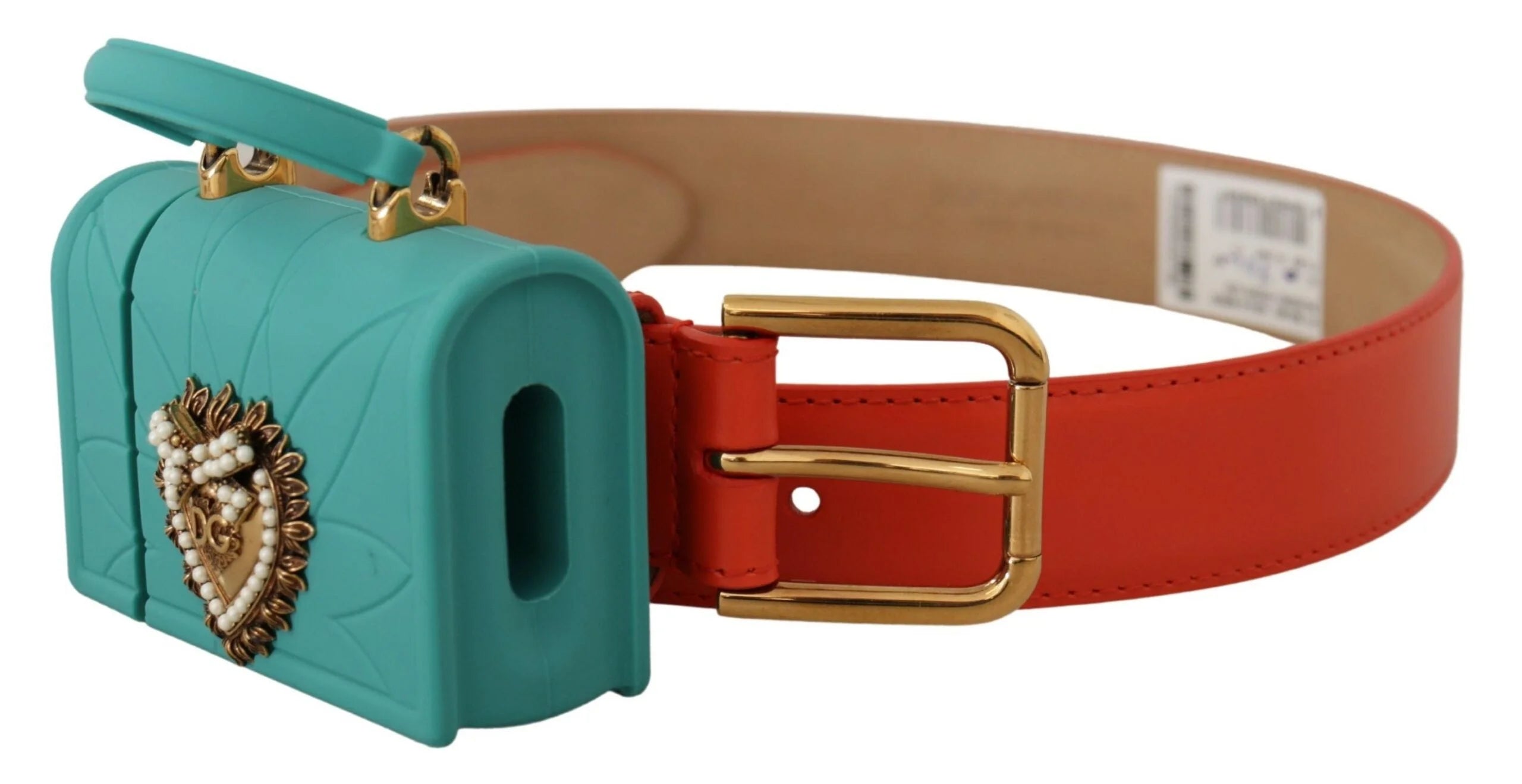 Dolce & Gabbana Orange Leather Devotion Heart Micro Bag Headphones Belt - 70 cm / 28 Inches - Belts