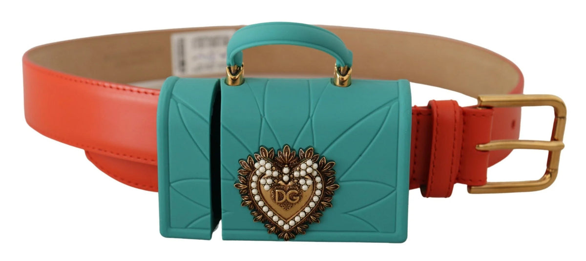 Dolce & Gabbana Orange Leather Devotion Heart Micro Bag Headphones Belt - 70 cm / 28 Inches - Belts
