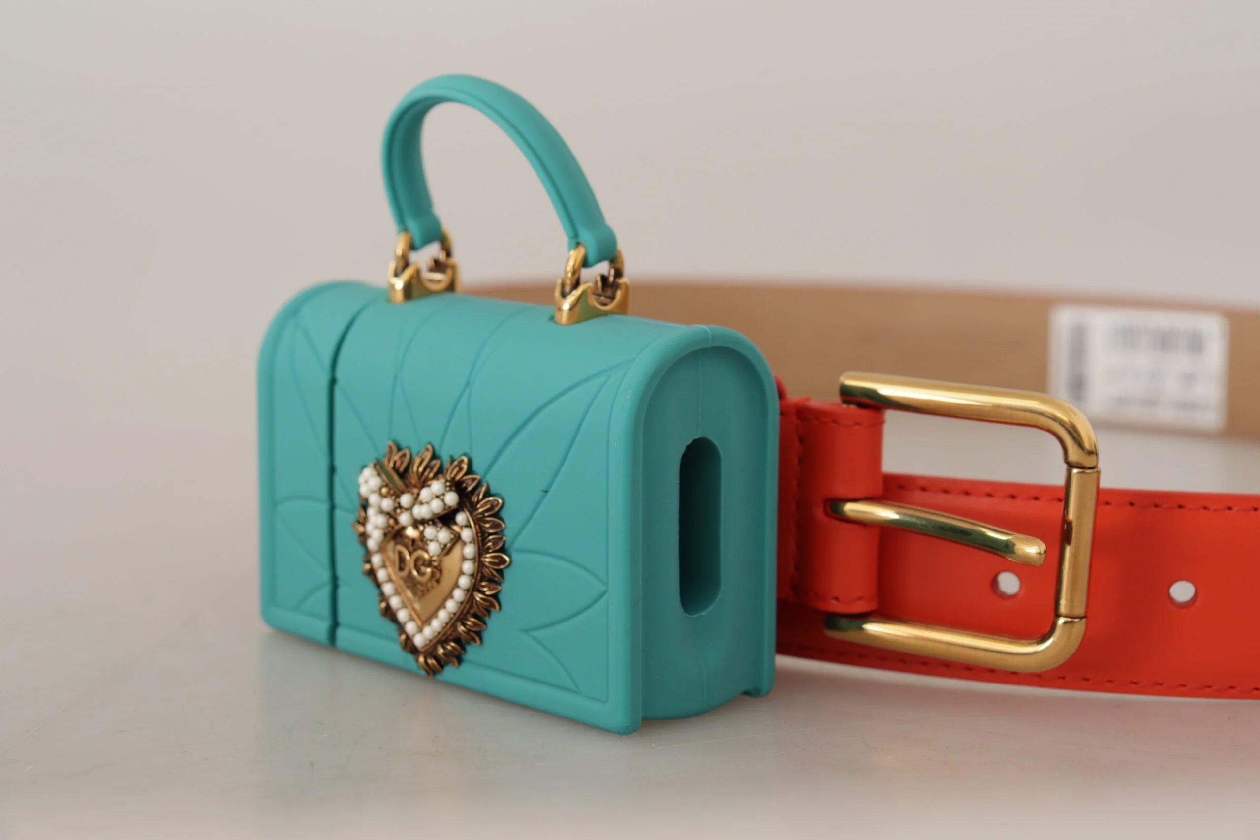 Dolce & Gabbana Orange Leather Devotion Heart Micro Bag Headphones Belt - 70 cm / 28 Inches - Belts