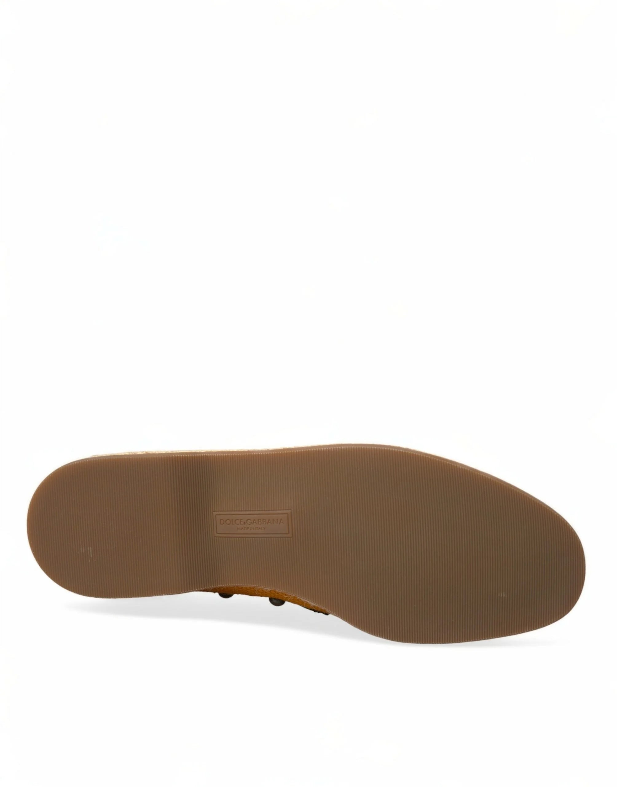 Dolce & Gabbana Orange Linen Leather Studded Loafers Shoes - Flats