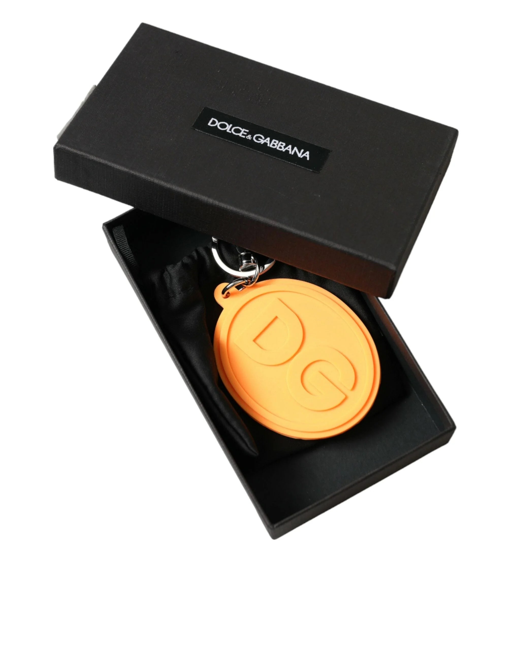 Dolce & Gabbana Orange Rubber DG Logo Silver Brass Metal Keyring Keychain - Keychains