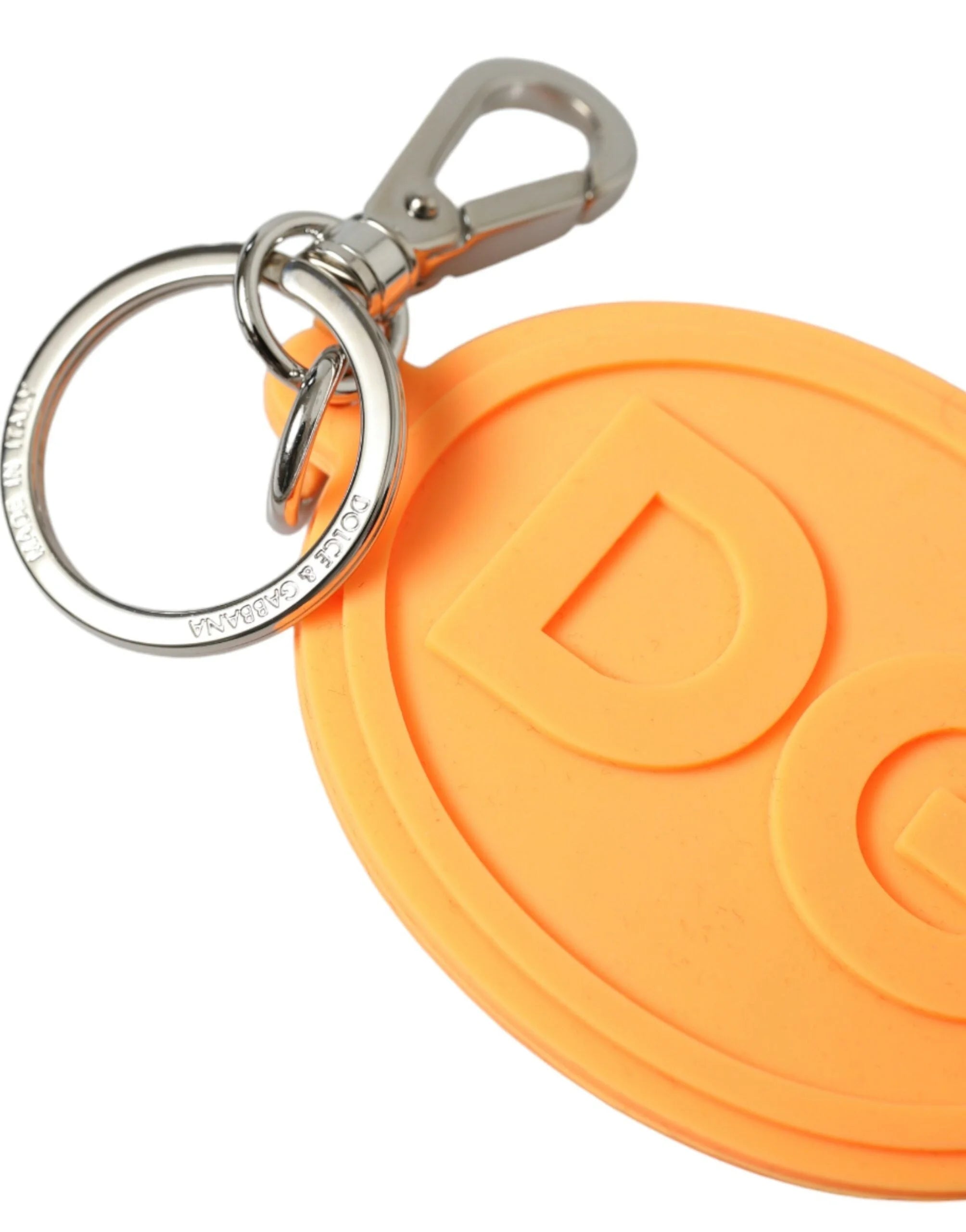 Dolce & Gabbana Orange Rubber DG Logo Silver Brass Metal Keyring Keychain - Keychains