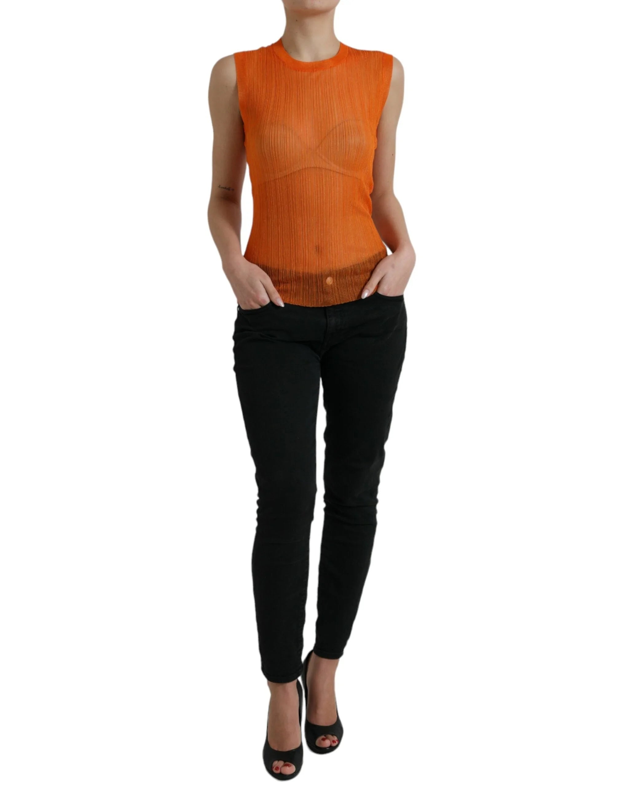 Dolce & Gabbana Orange See Through Crew Neck Blouse Tank Top - Tank Tops