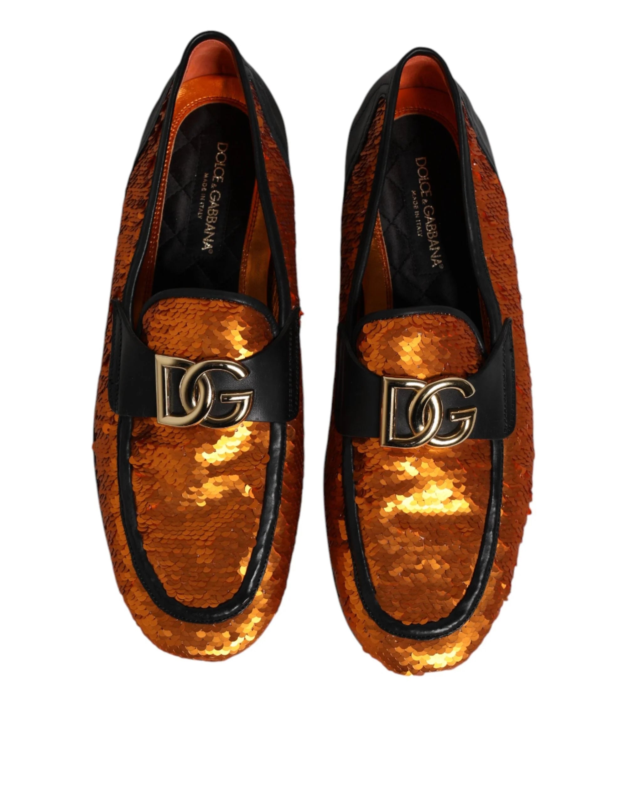 Dolce & Gabbana Orange Sequin Embellished Men Loafers Shoes - Flats